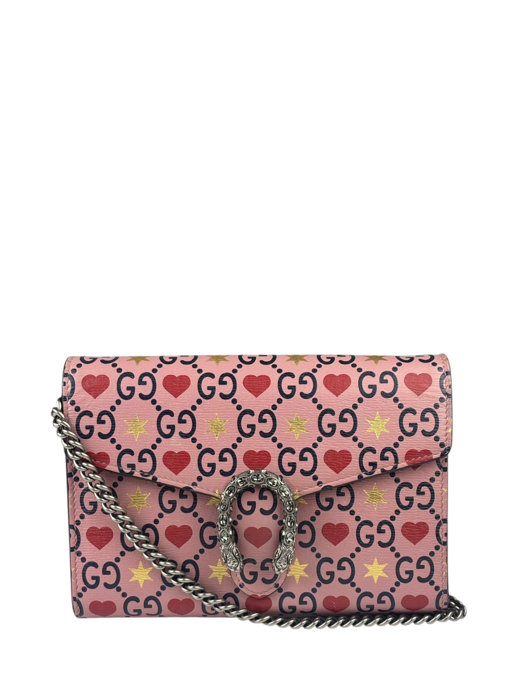 Gucci Pink Leather Dionysus GGCrystal Valentines Small Wallet On Chain
