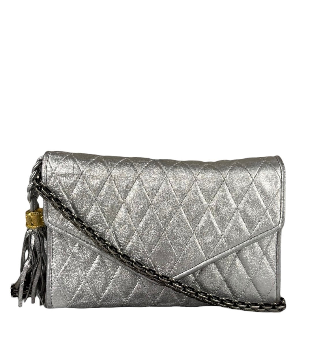 Chanel Vintage Metallic Silver Quilted Tassel Flap Bag 1997