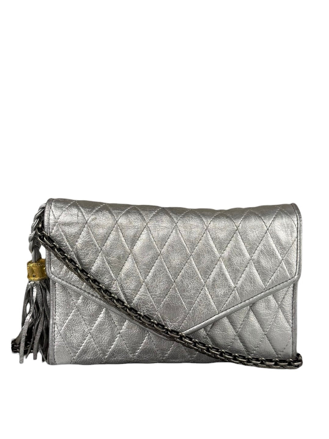 Chanel Vintage Metallic Silver Quilted Tassel Flap Bag 1997