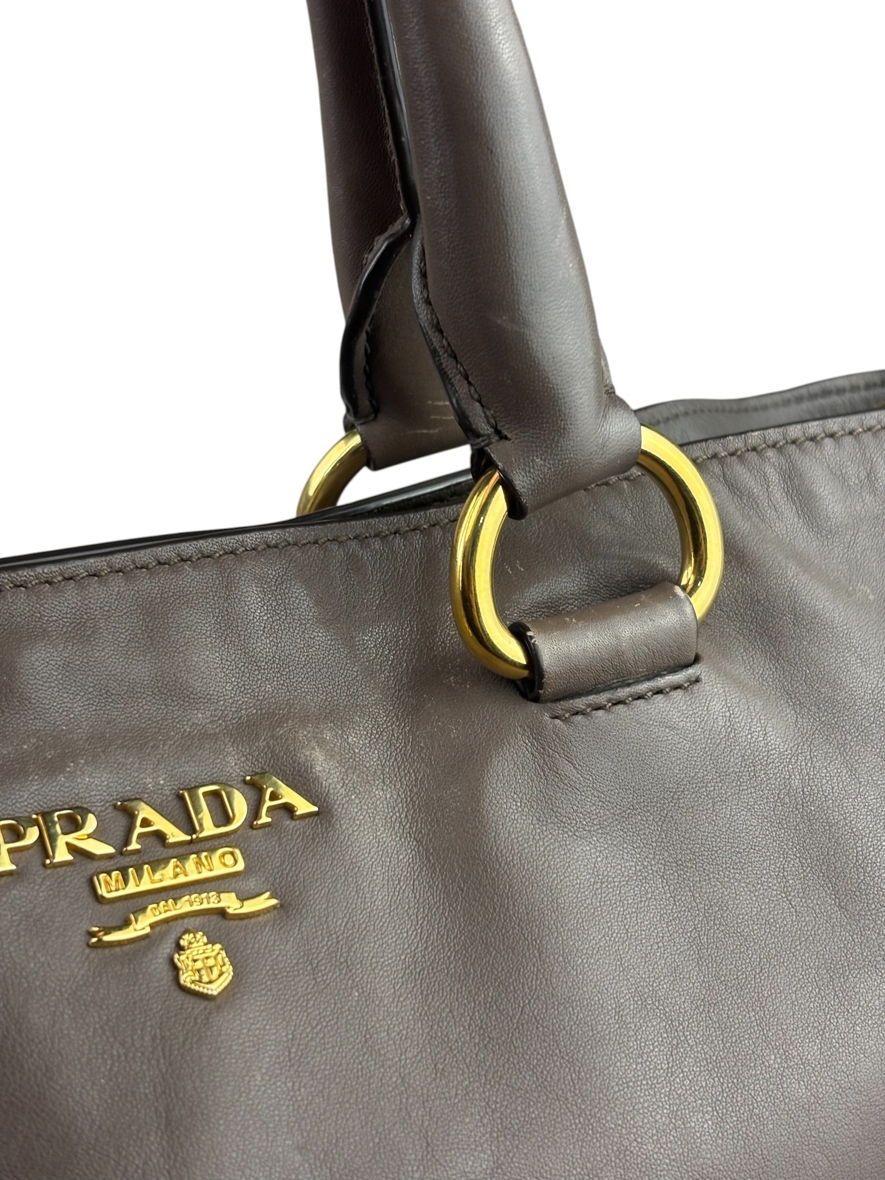 Prada Neutral Taupe Vitello Daino Leather Side Zip Large Shopper Tote