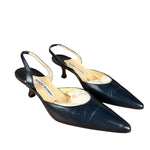 Manolo Blahnik Navy Blue Leather Slingback Kitten Heels