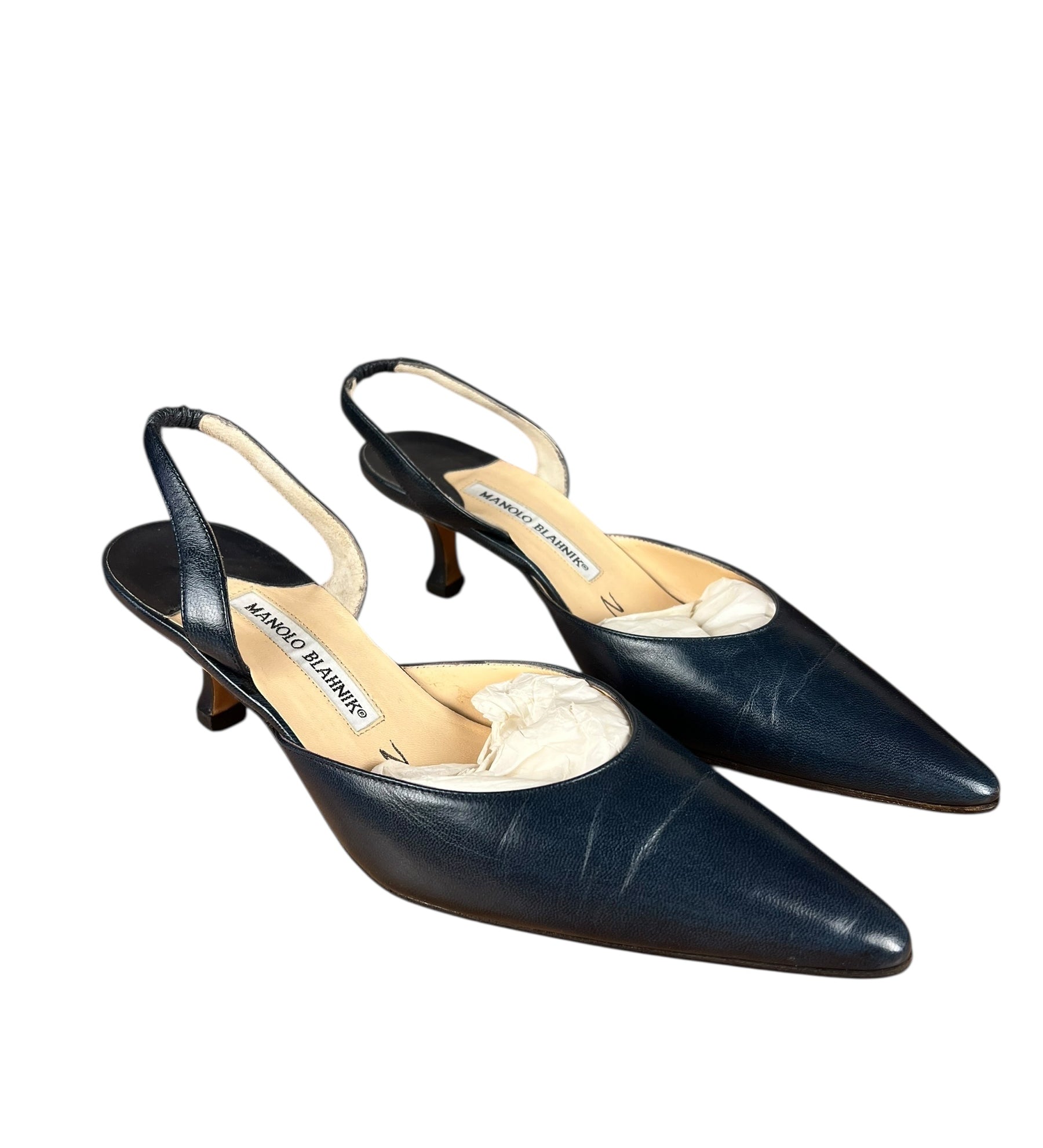 Manolo Blahnik Navy Blue Leather Slingback Kitten Heels