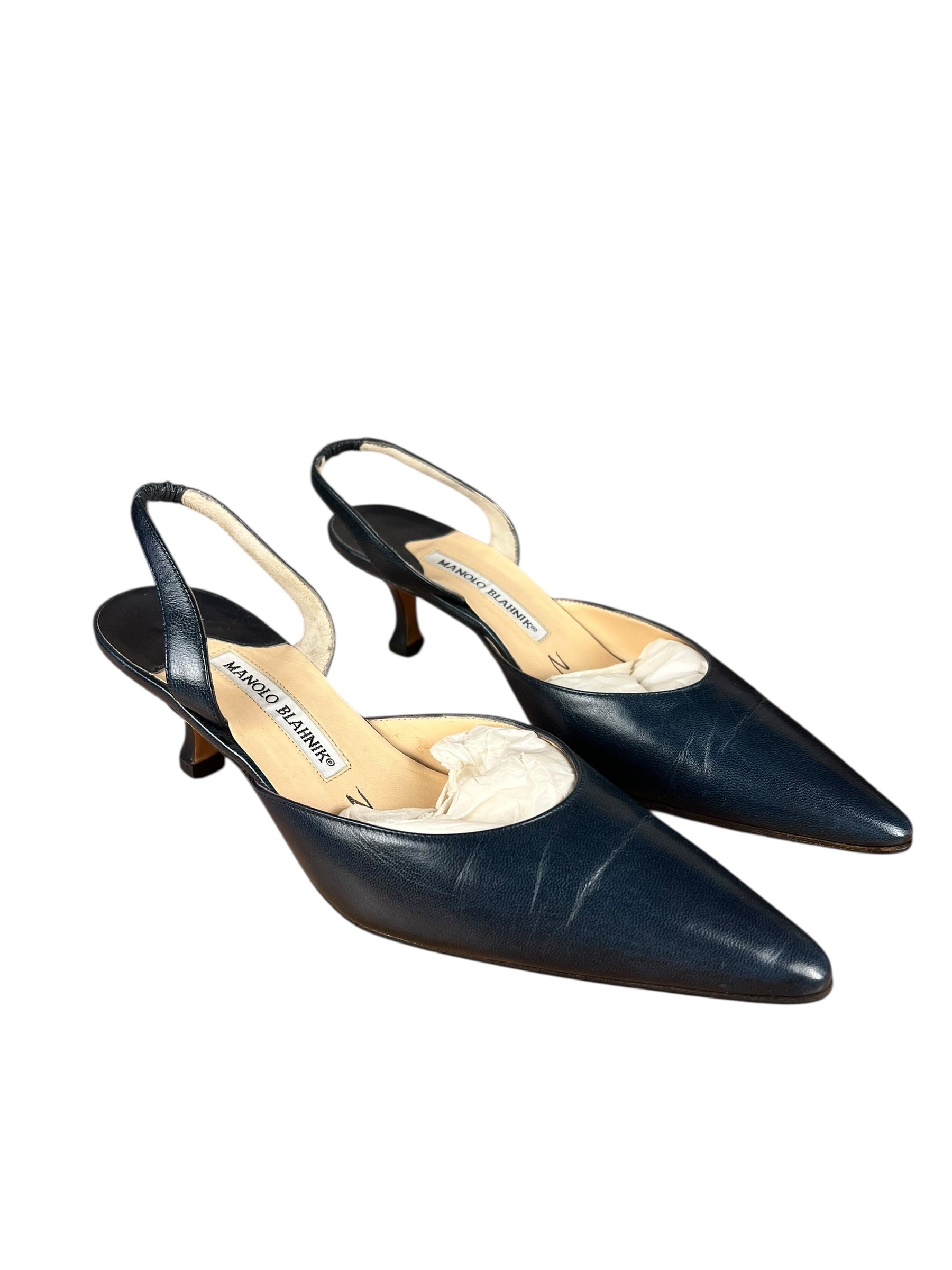 Manolo Blahnik Navy Blue Leather Slingback Kitten Heels
