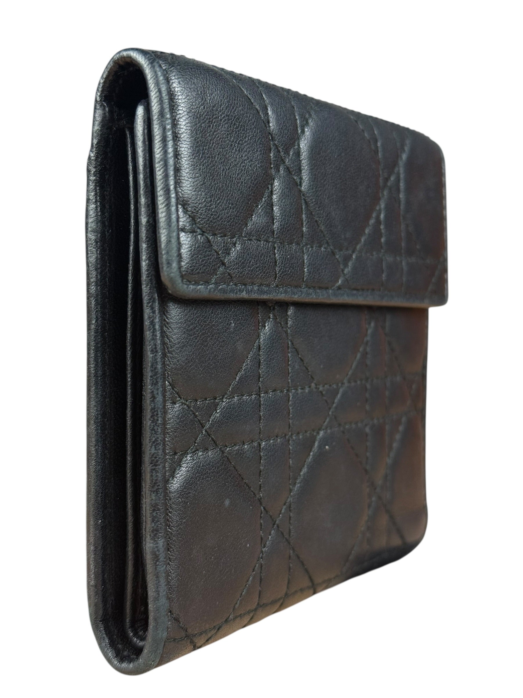 Christian Dior Black Leather Quilted Compact Wallet