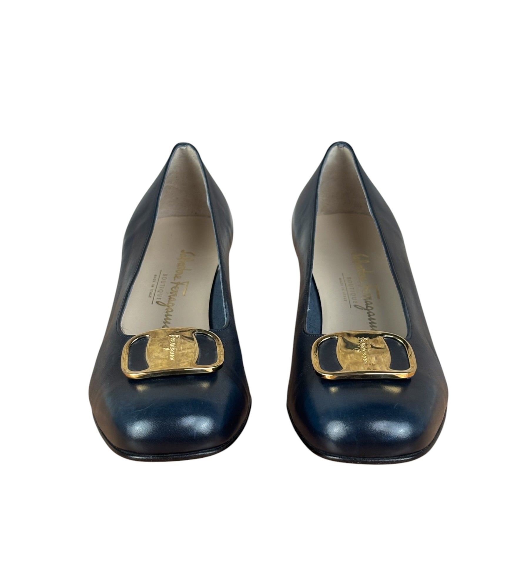 Salvatore Ferragamo Blue Gold Buckles Pumps