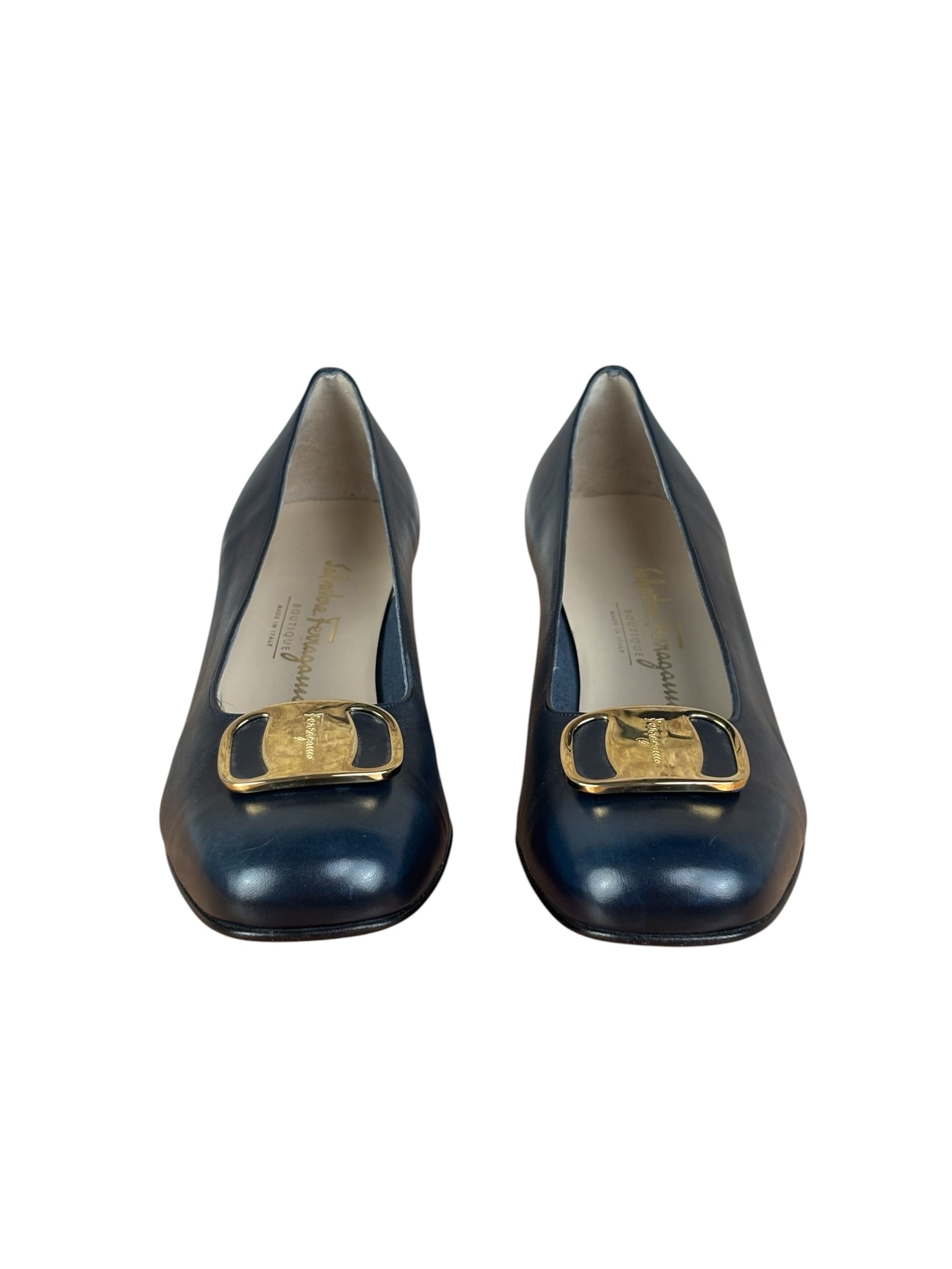 Salvatore Ferragamo Blue Gold Buckles Pumps