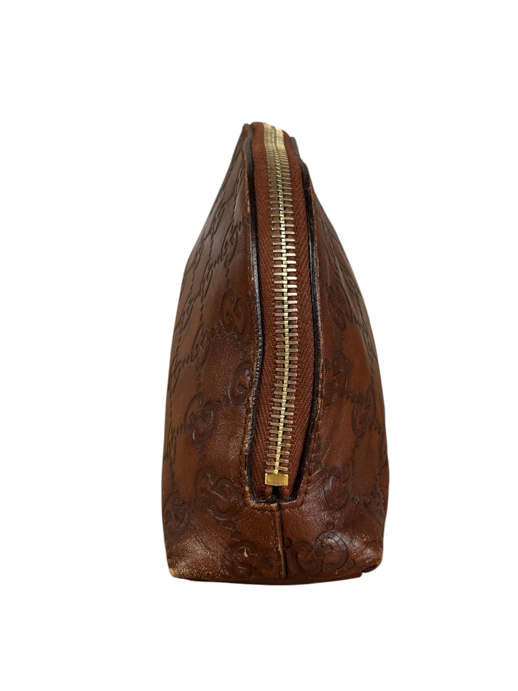Gucci Vintage Brown Leather GG Zip Pouch