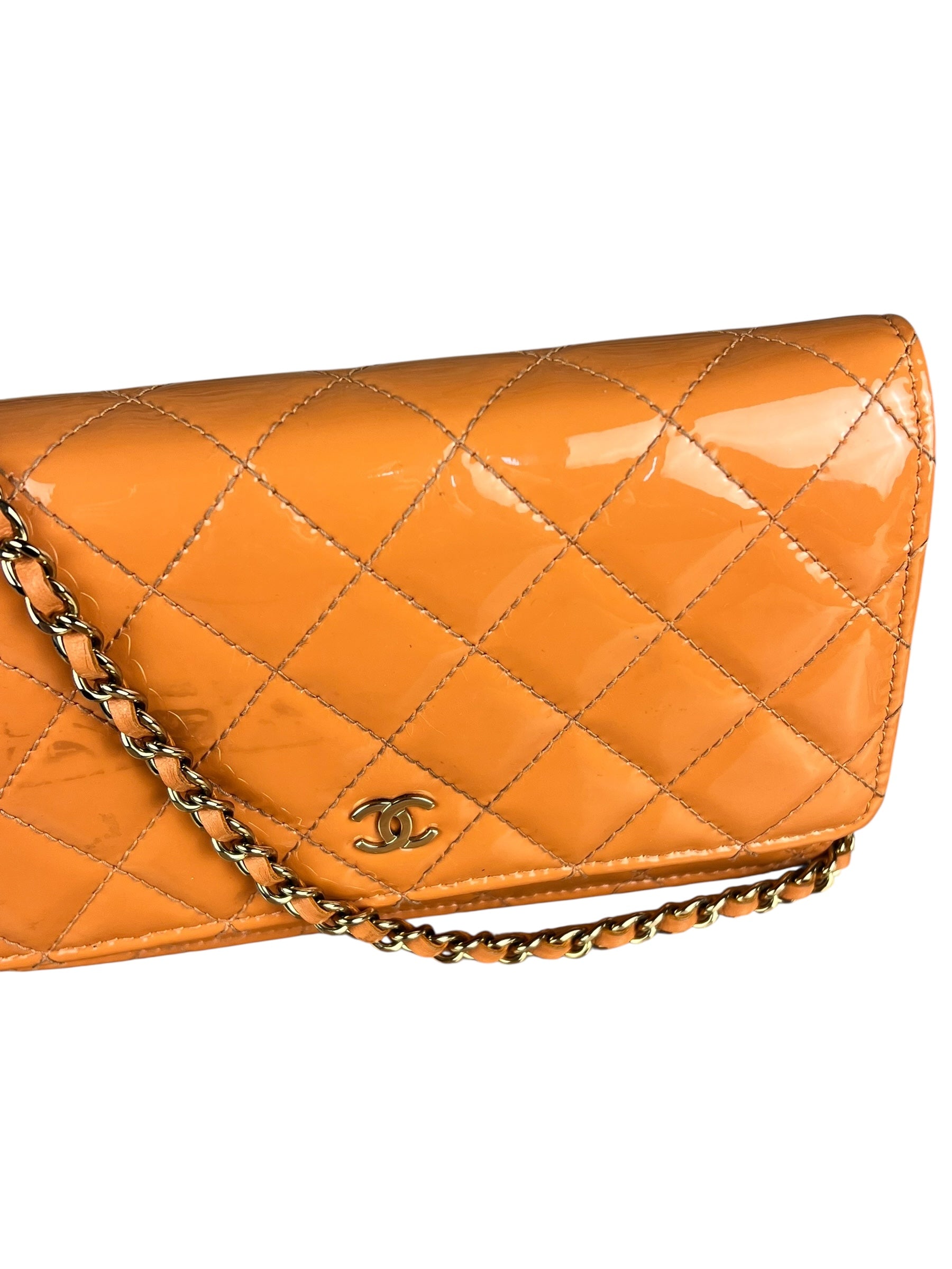 Chanel Orange Patent Leather Flap Wallet on Chain Bag