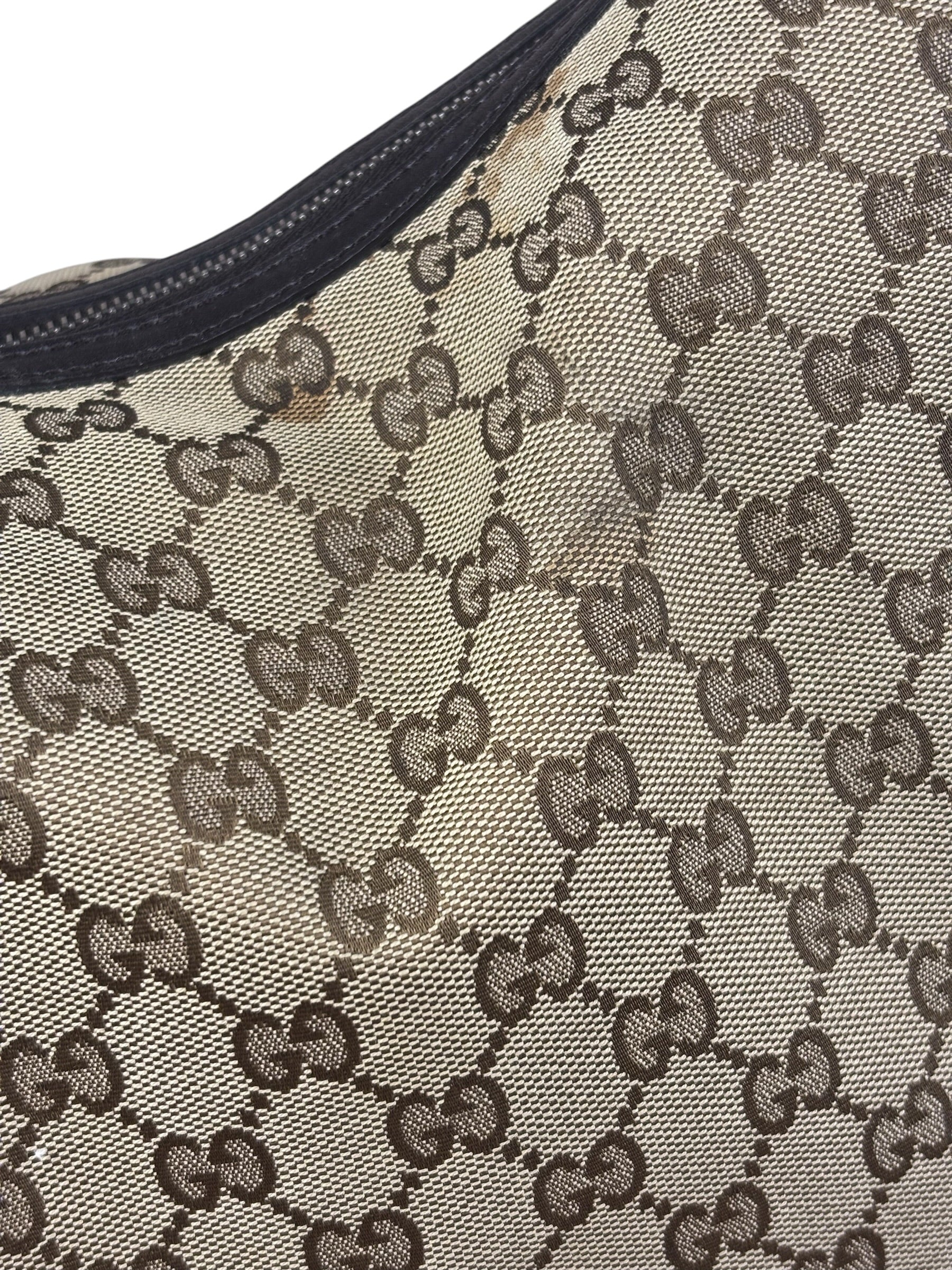 Gucci Vintage Dark Brown Leather Trim GG Canvas Twin Hobo Bag