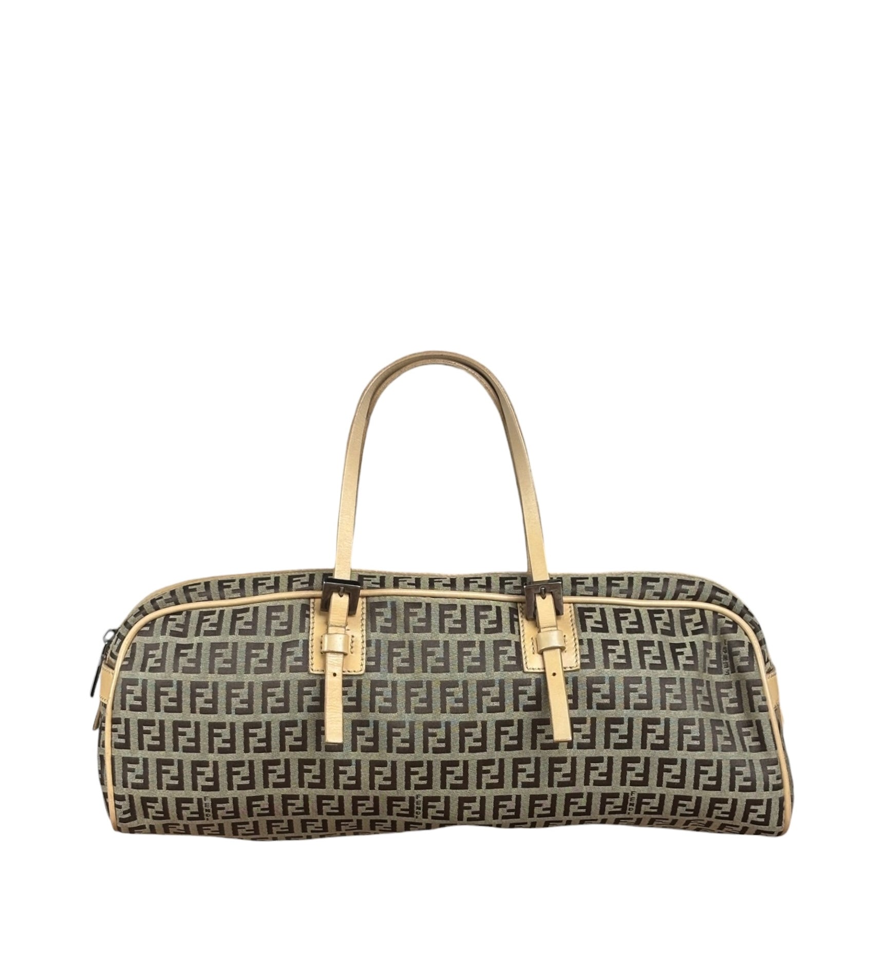 Fendi Beige Leather Trim Zucca Small Boston Bag