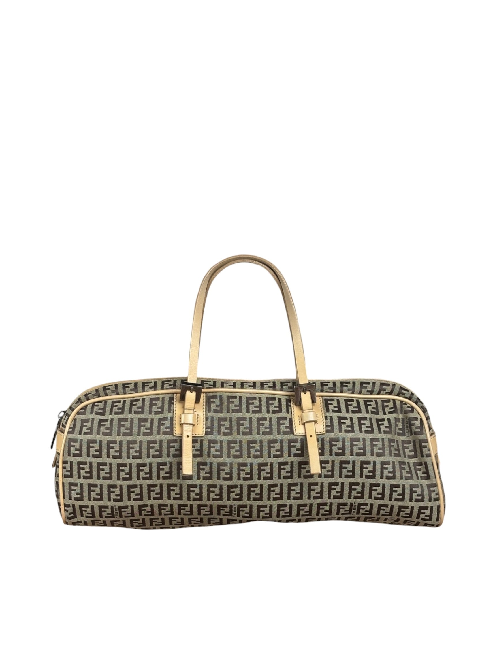 Fendi Beige Leather Trim Zucca Small Boston Bag