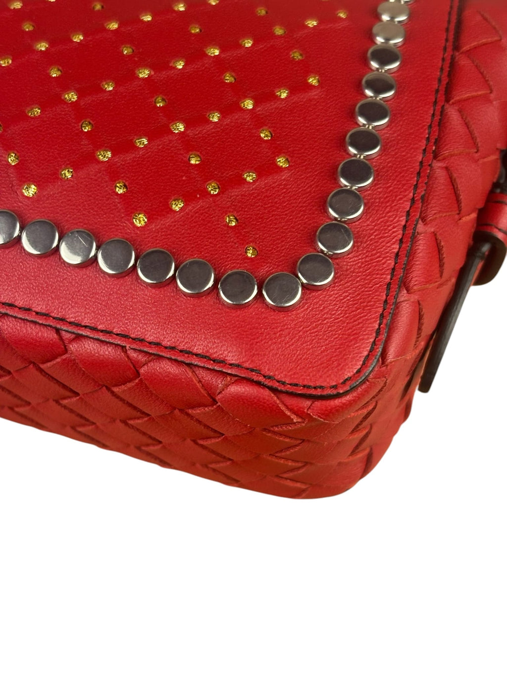 Bottega Veneta Red Leather Studded Intrecciato Flap Crossbody Bag