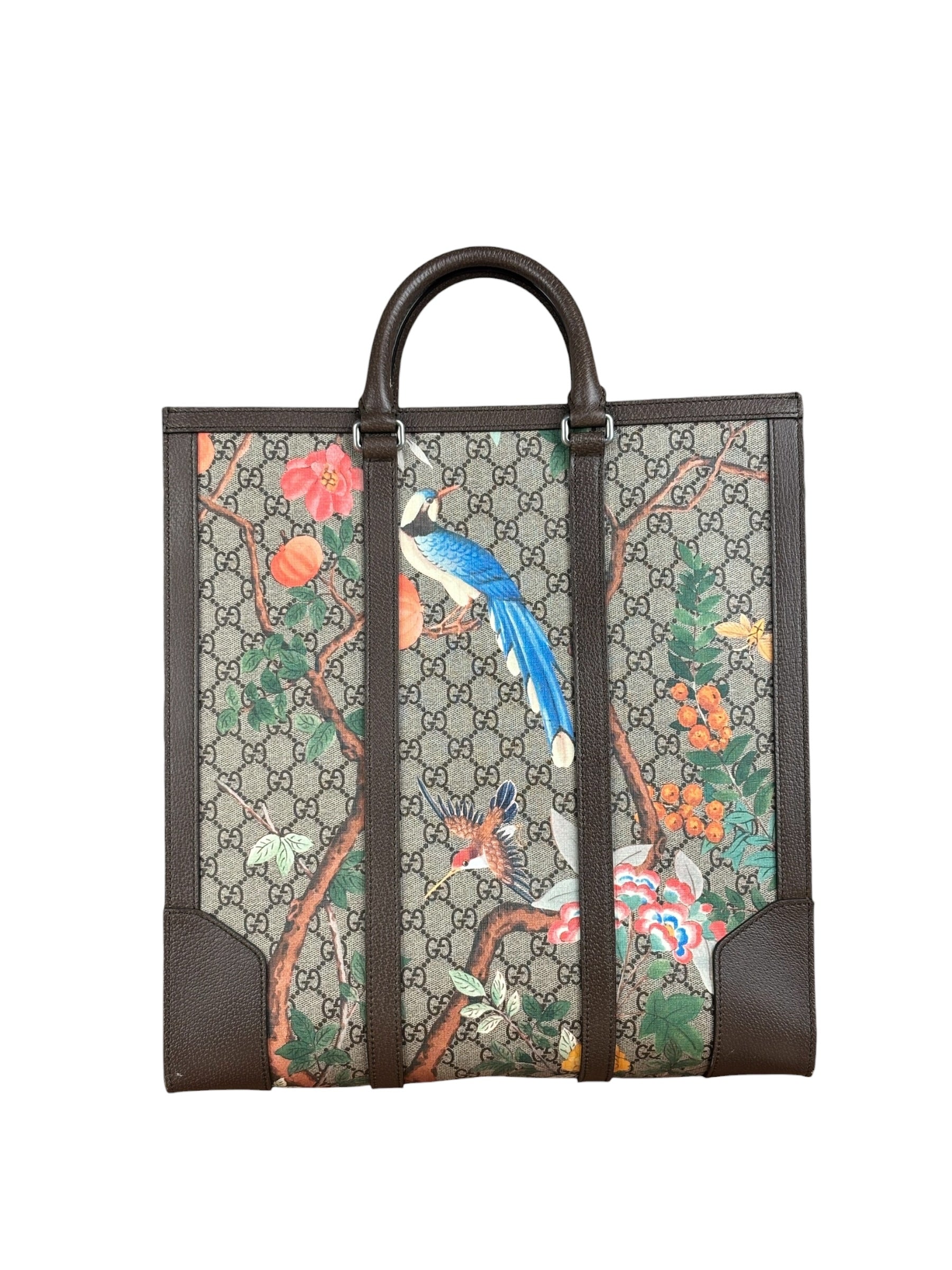 Gucci Brown Leather Trim GG Supreme Tian Vertical Tote Bag