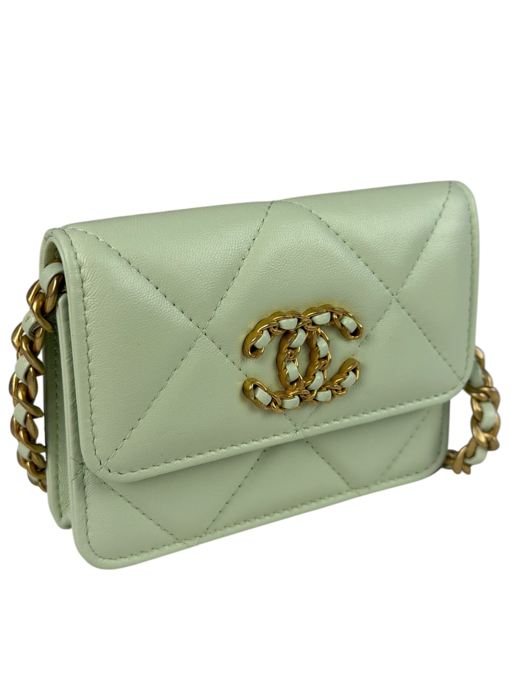 Chanel Green Quilted Leather 19 Flap Chain Card Holder 2021