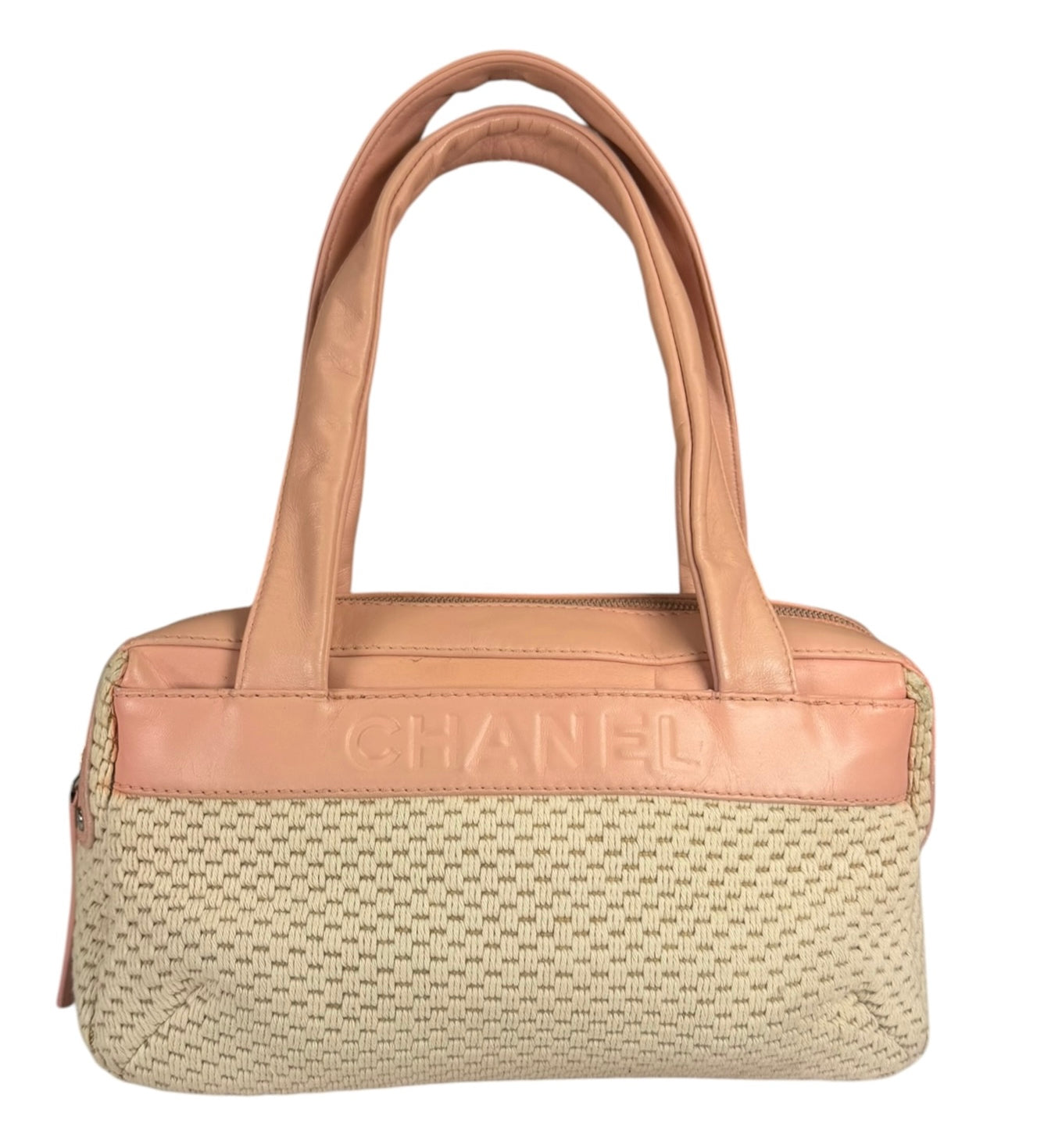 Chanel Cream/Pink Leather Lax Crochet Bowler Shoulder Bag 2004