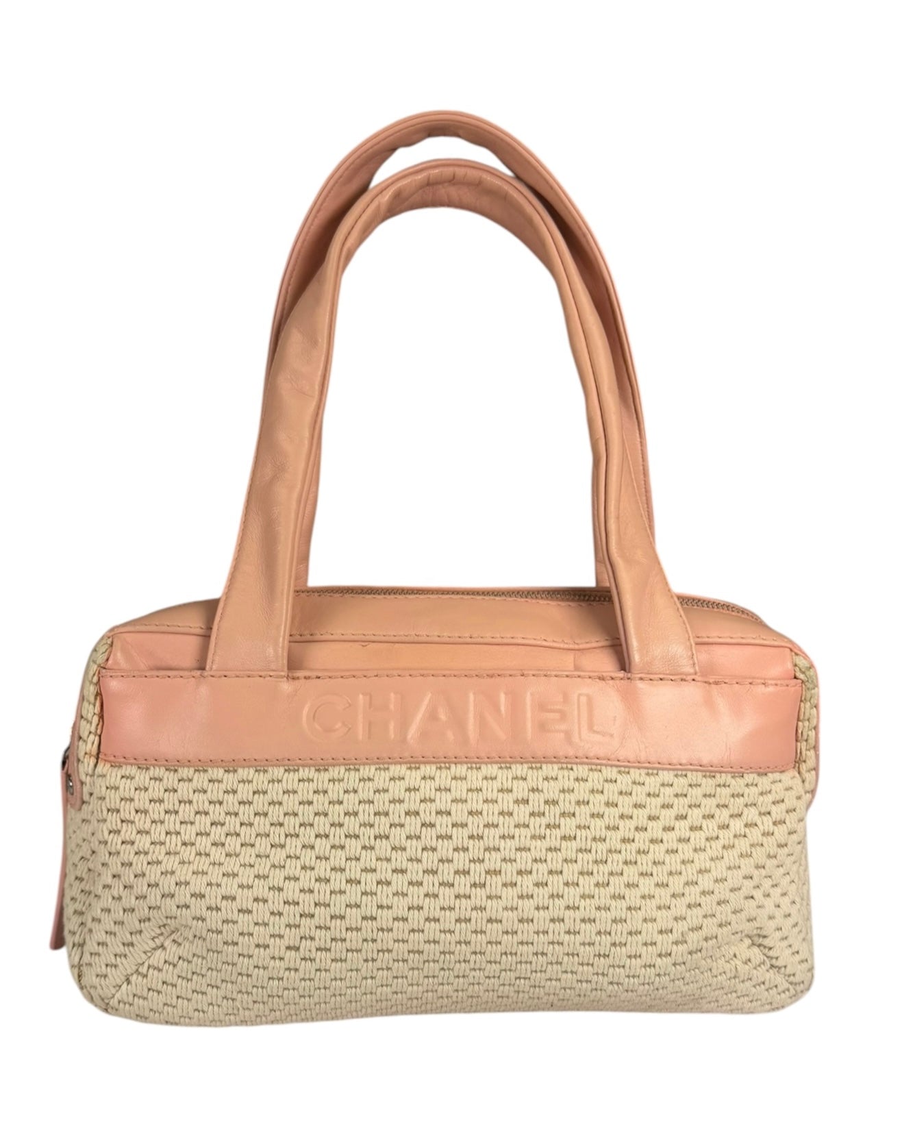 Chanel Cream/Pink Leather Lax Crochet Bowler Shoulder Bag 2004