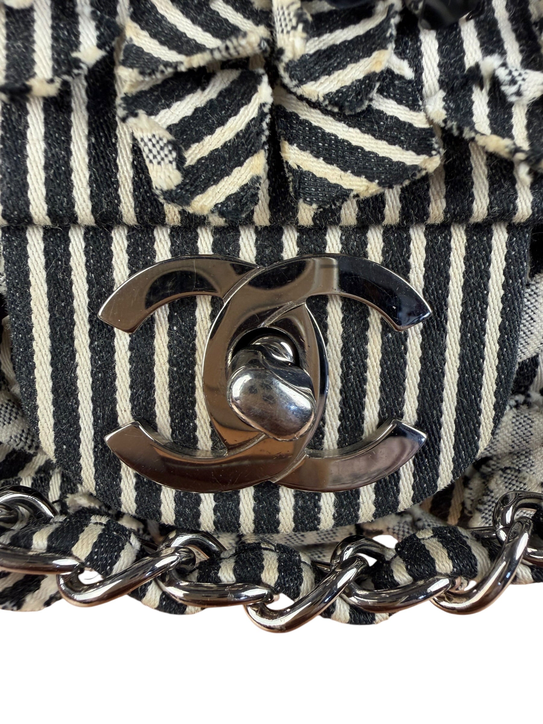Chanel Black/White Sequin Stripped Medium Double Flap Shoulder Bag