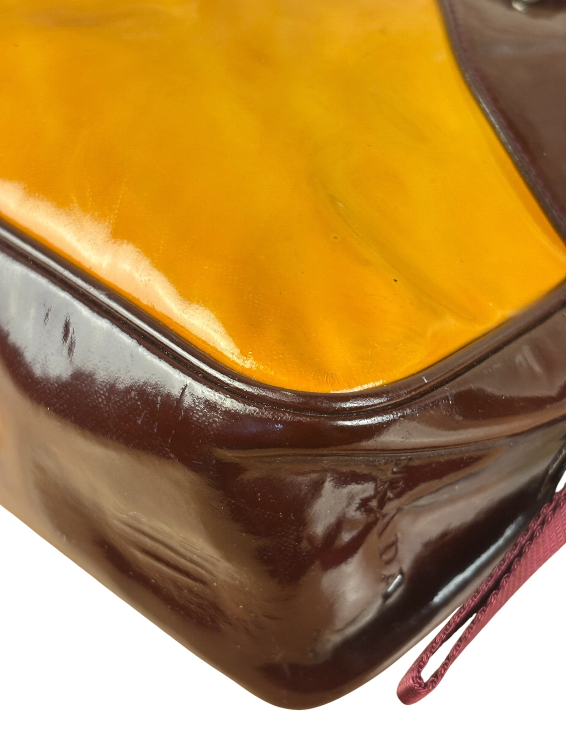 Prada Vintage Yellow/Burgundy Patent Leather Bowler Shoulder Bag