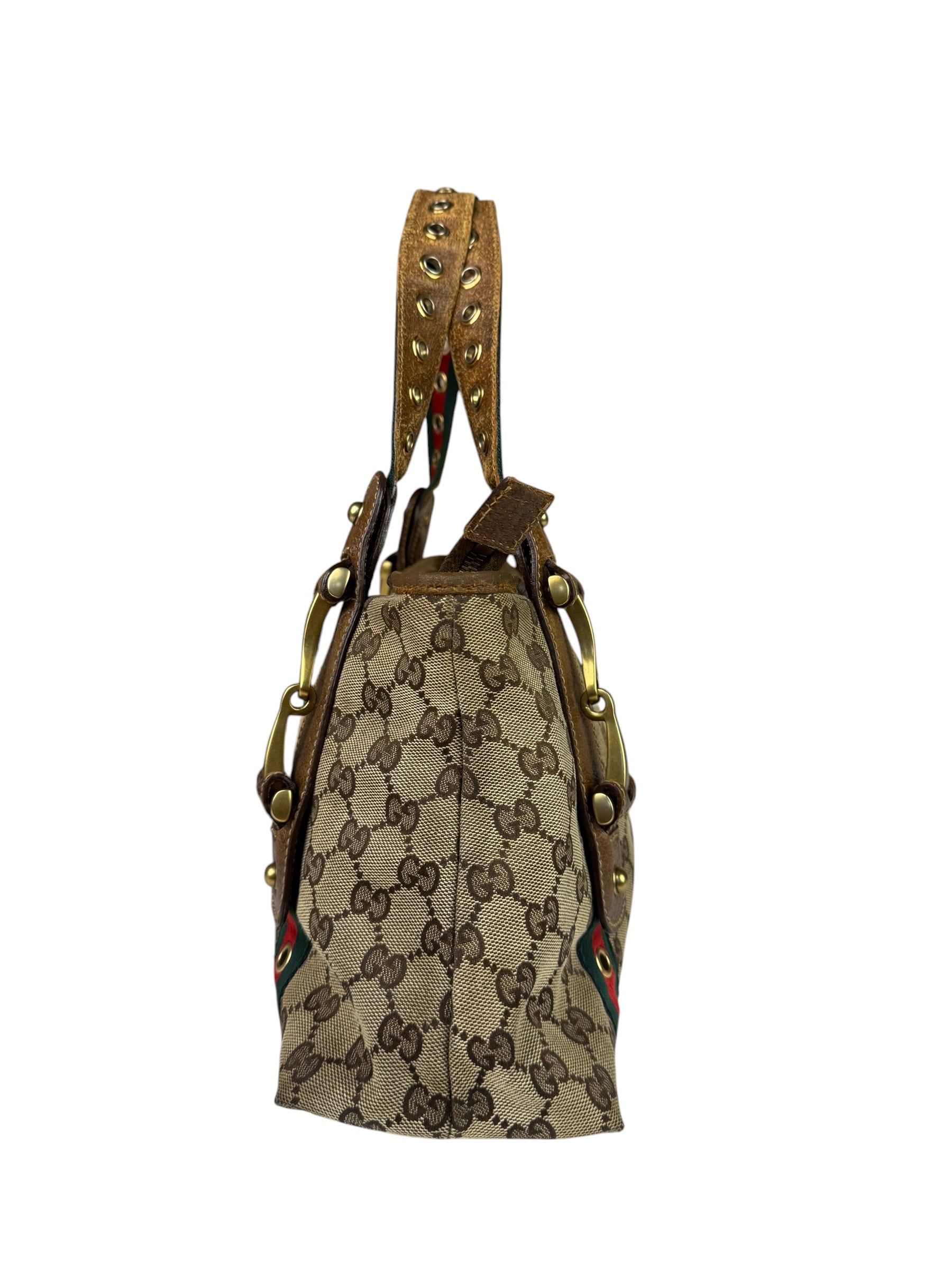 Gucci Vintage Brown Leather Trim Grommet Web Shoulder Bag