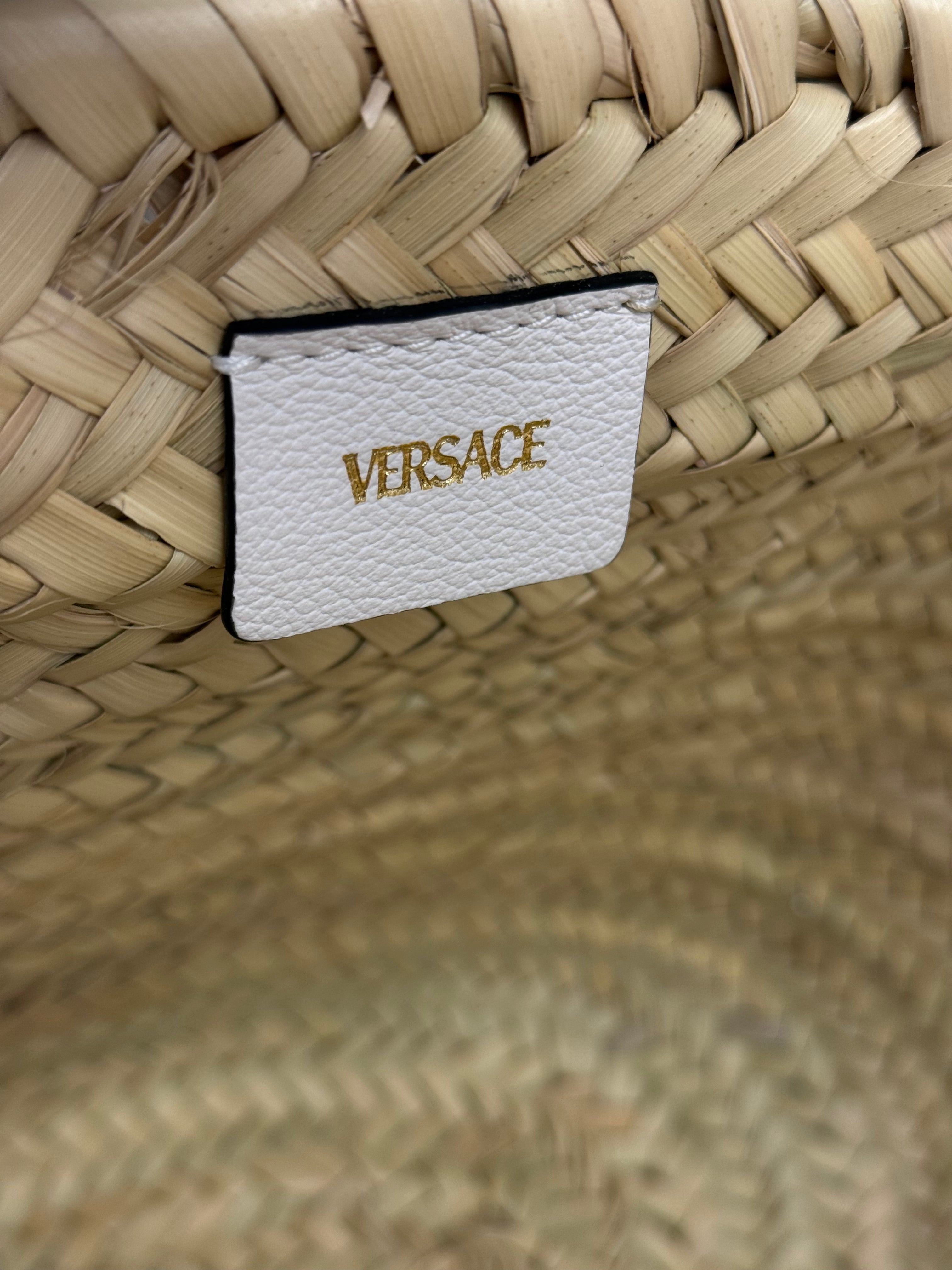 Versace Wicker Woven White Medusa Top Handle Tote