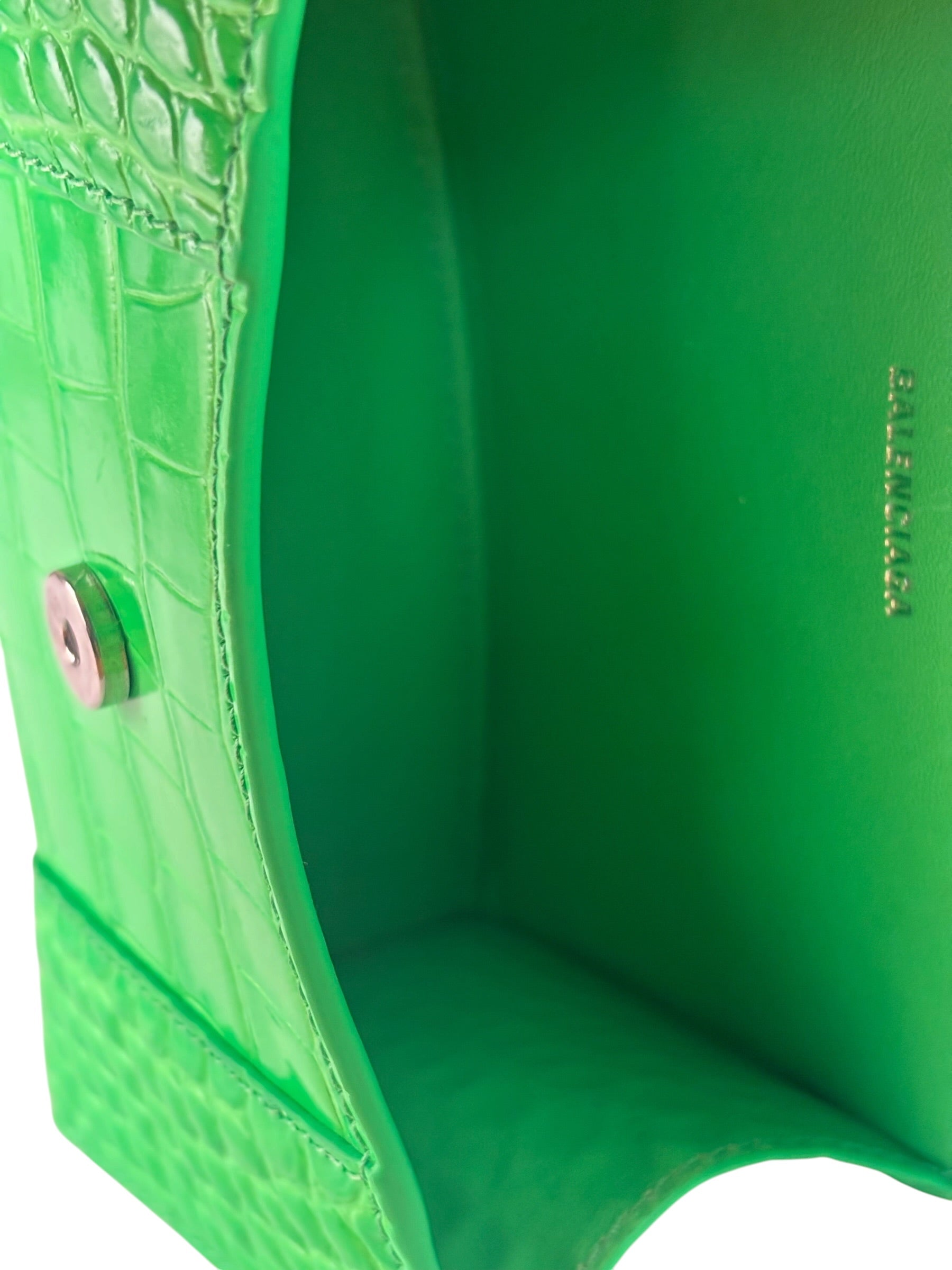 Balenciaga Fluo Green Crocodile Embossed Hourglass XS Two-Way Bag
