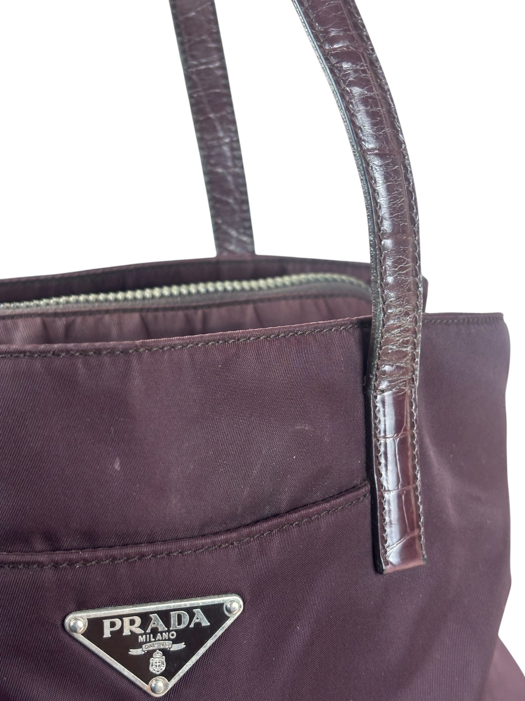 Prada Vintage Plum Nylon Leather Embossed Handbag