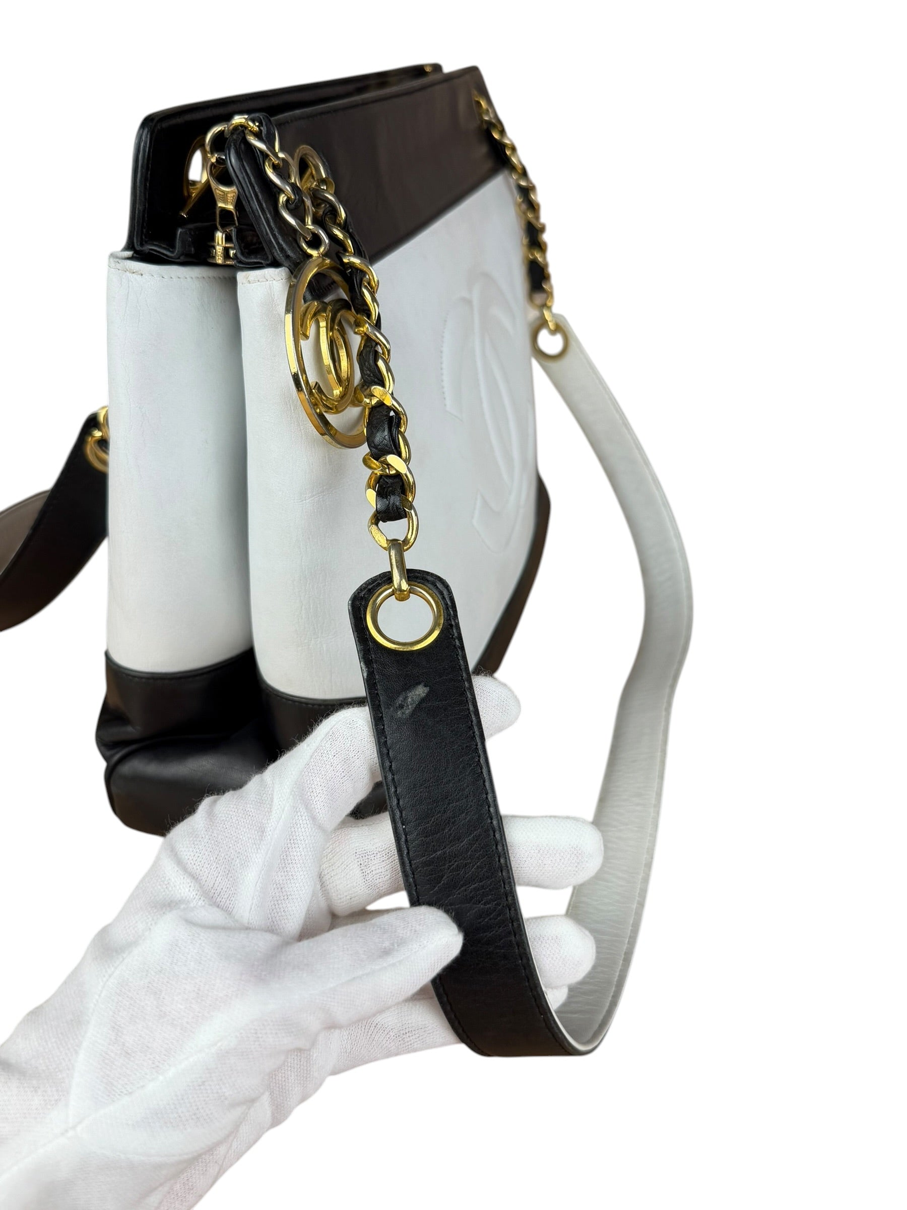 Chanel Vintage Black/White Leather CC Chain Tote '89-'91