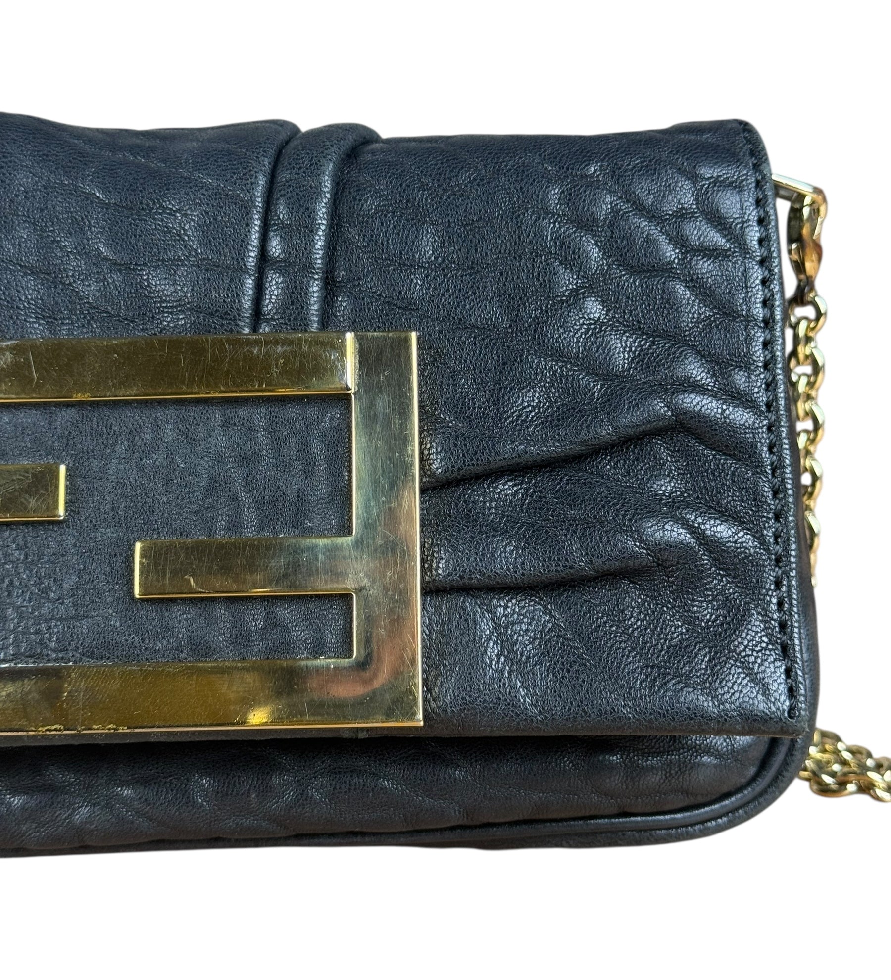 Fendi Black Leather Mini Chain Baguette