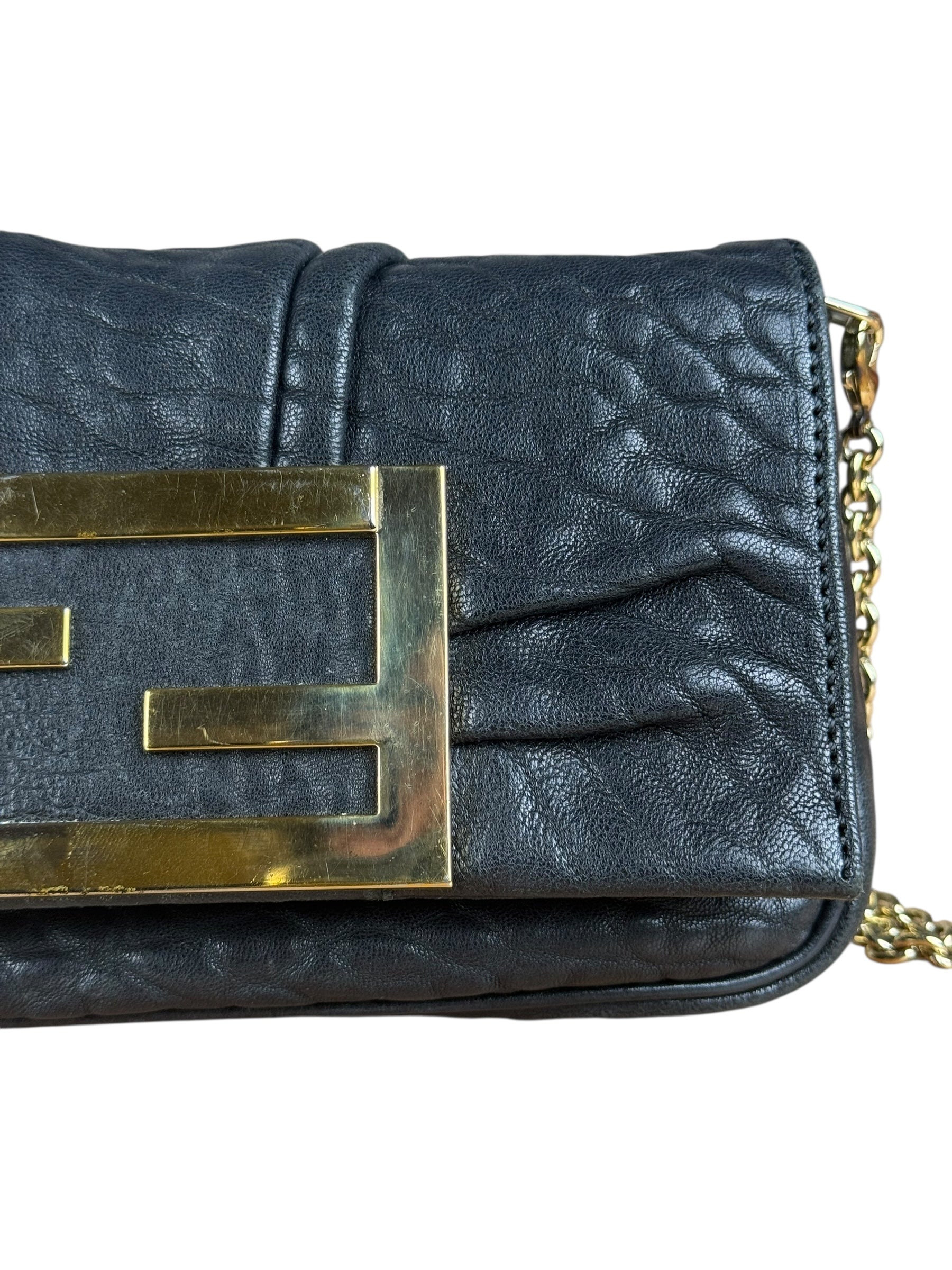 Fendi Black Leather Mini Chain Baguette