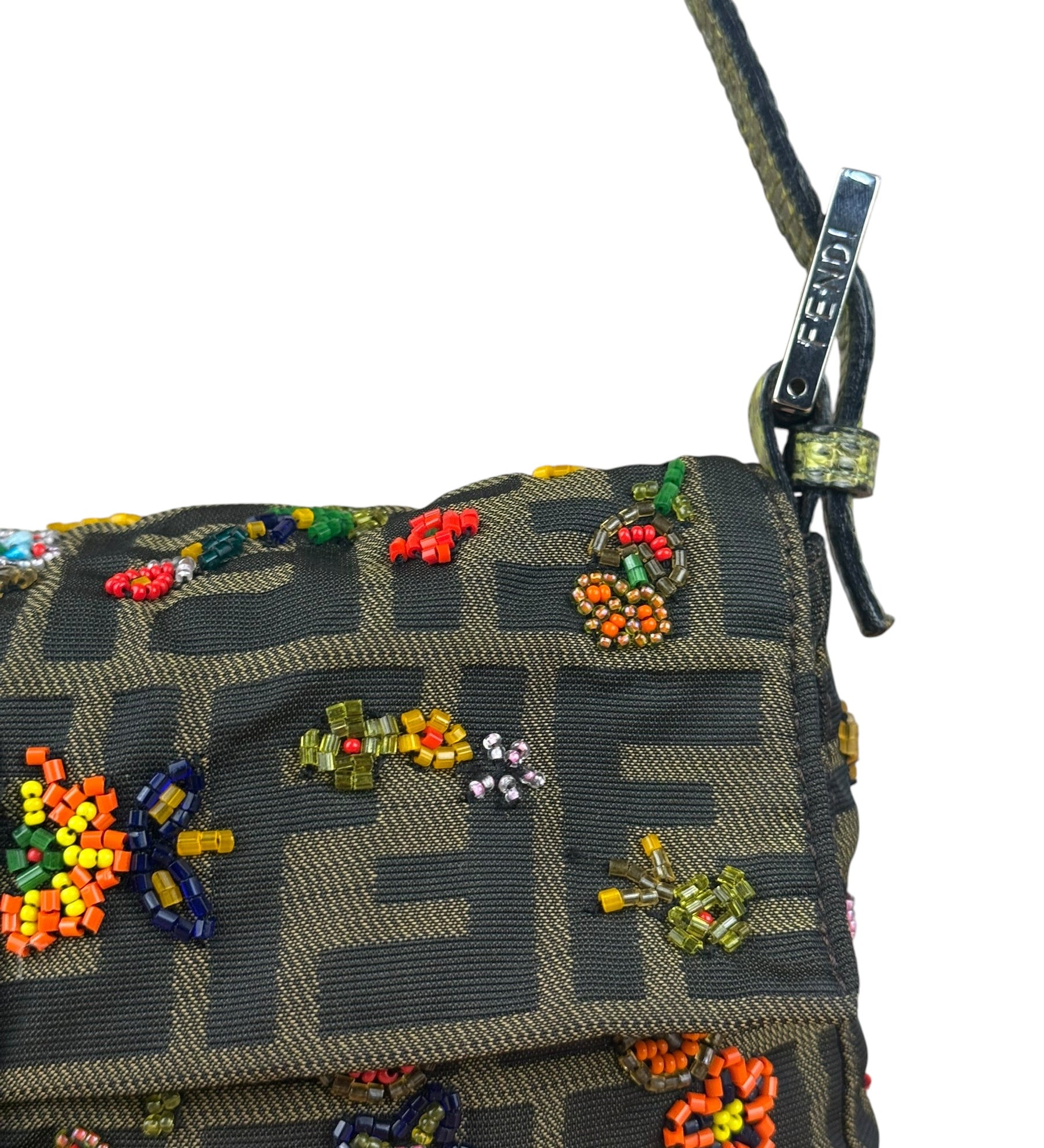 Fendi Vintage Zucca Beaded Lizard Trimmed Baguette