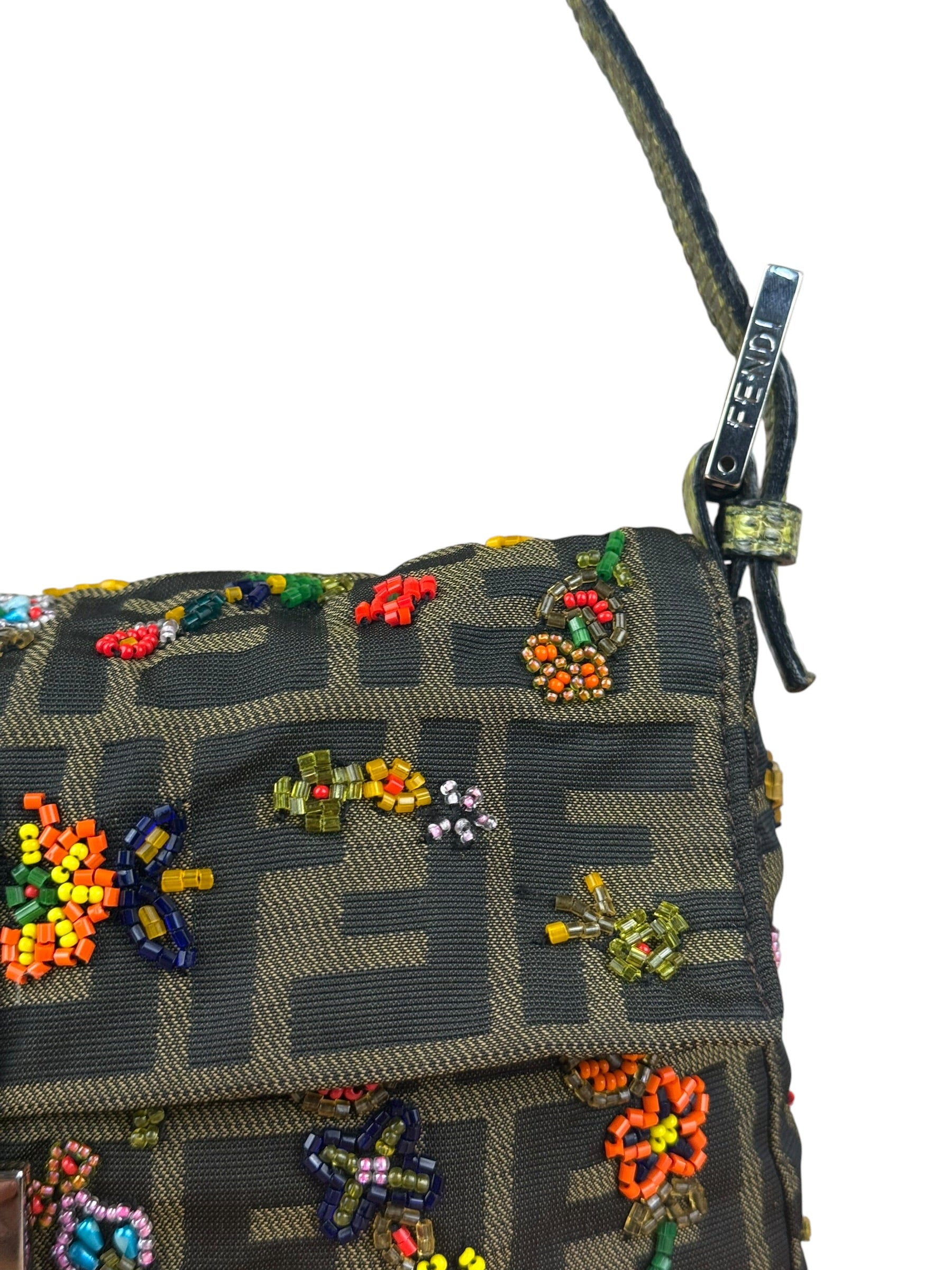Fendi Vintage Zucca Beaded Lizard Trimmed Baguette