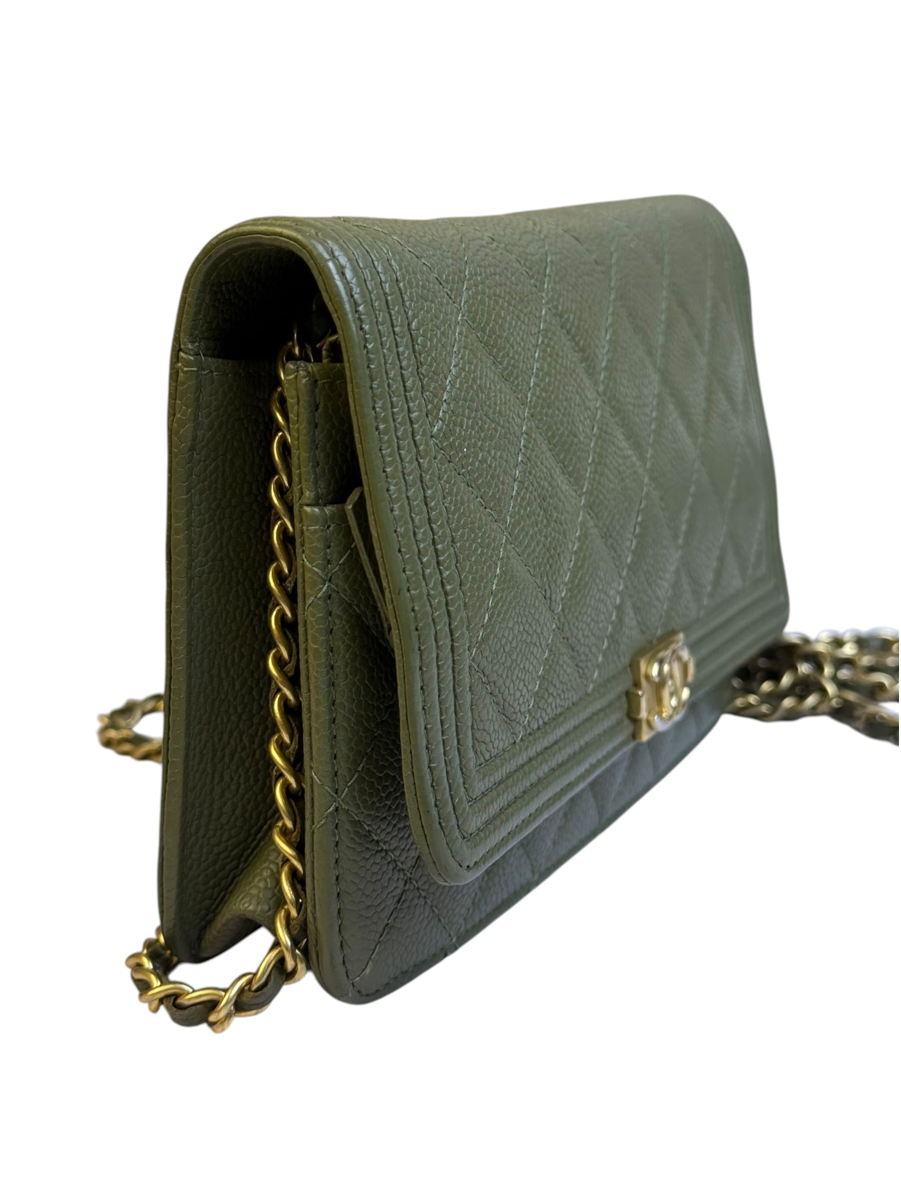 Chanel Olive Green Quilted Caviar Boy Flap Wallet On Chain 2017