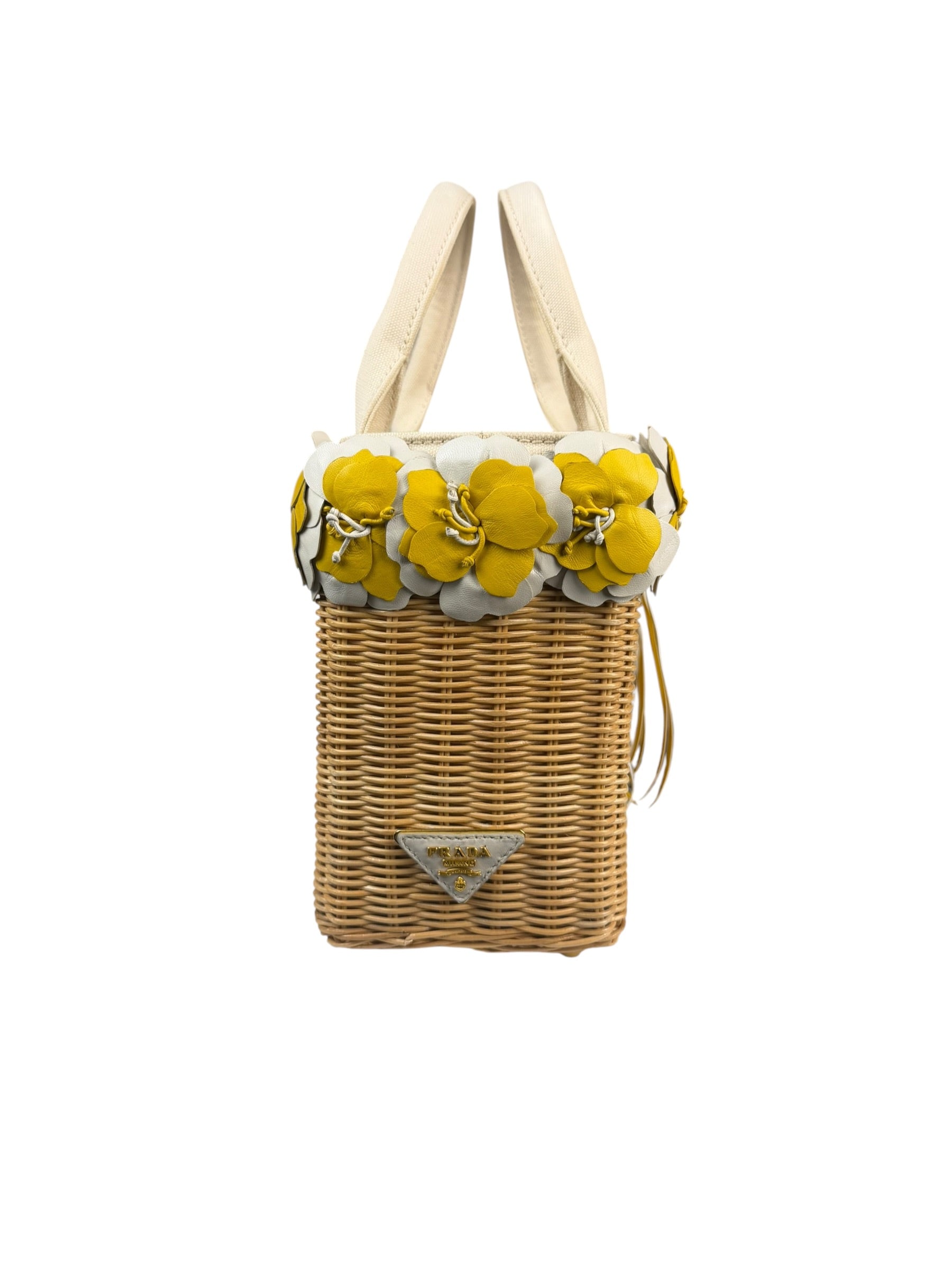 Prada Midollino Leather Trim Wicker Canvas Flower Basket