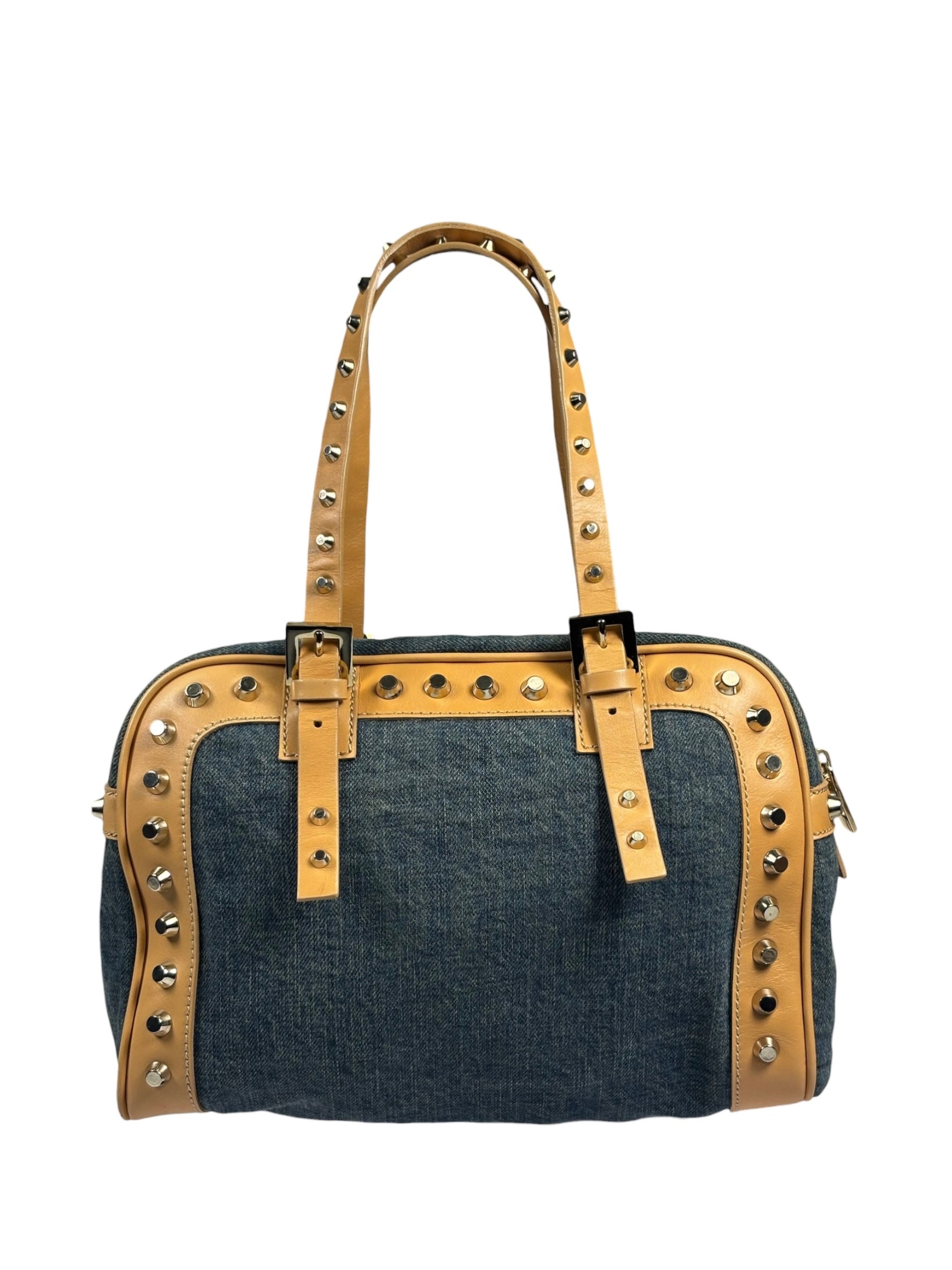Fendi Blue/Brown Denim/Leather Trim Studded Shoulder Bag