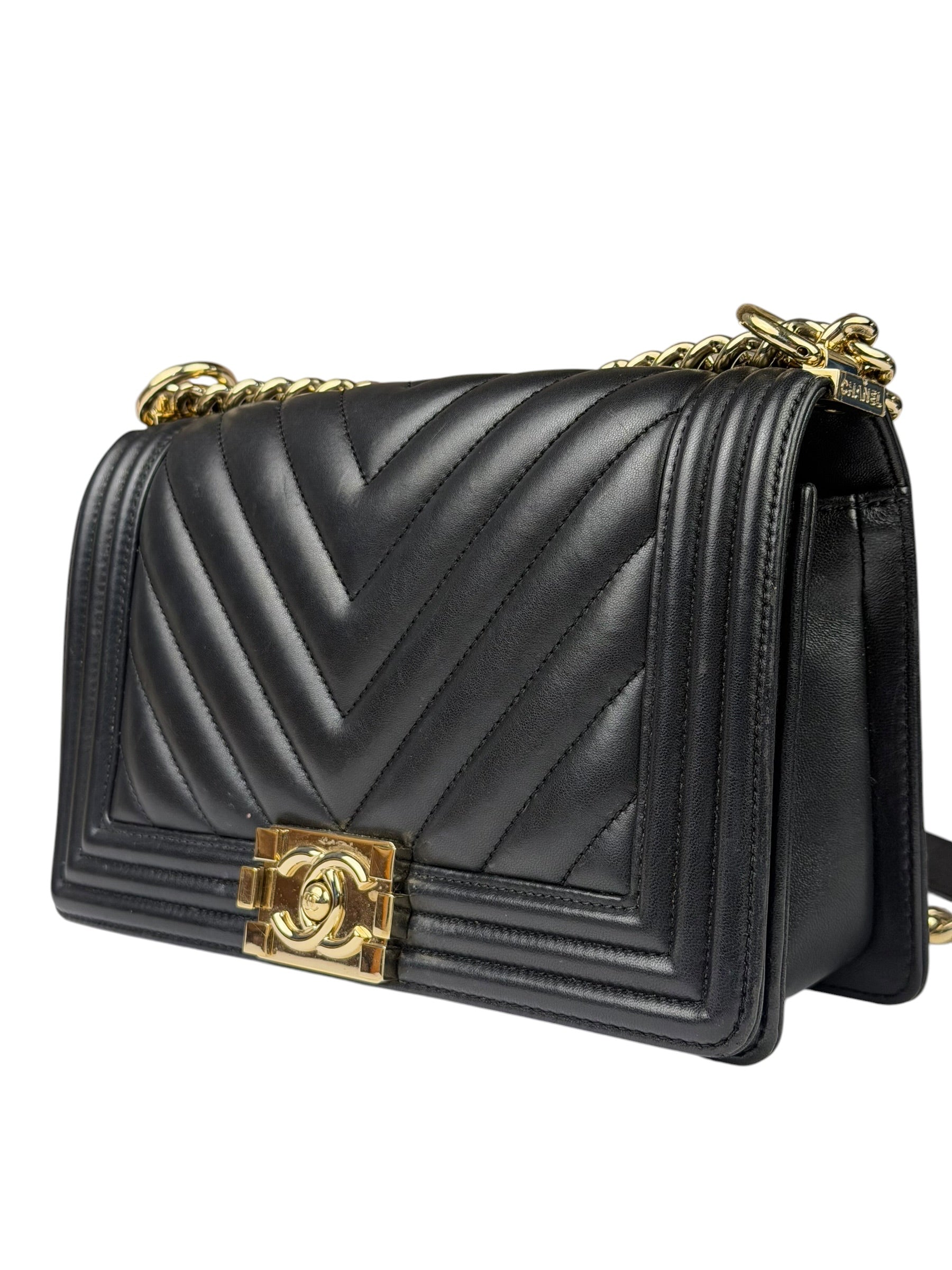 Chanel Black Chevron Leather Boy Medium Flap Bag 2017