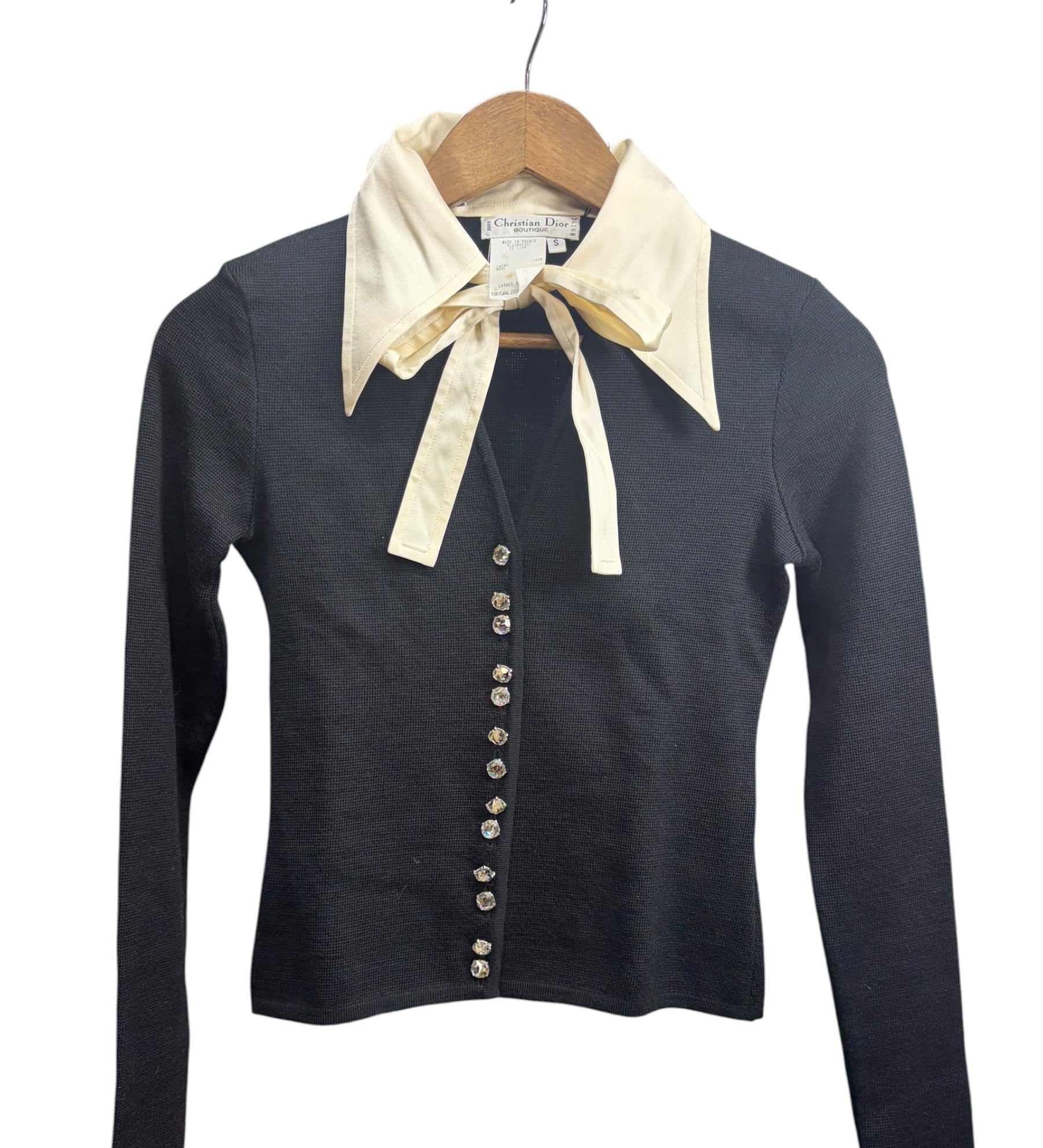 Christian Dior Black White Butterfly Collar Bow Tie Crystal Buttons Shirt