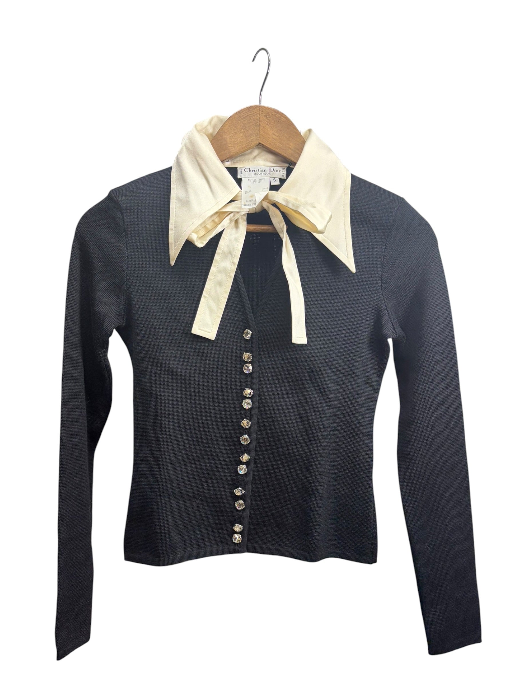 Christian Dior Black White Butterfly Collar Bow Tie Crystal Buttons Shirt