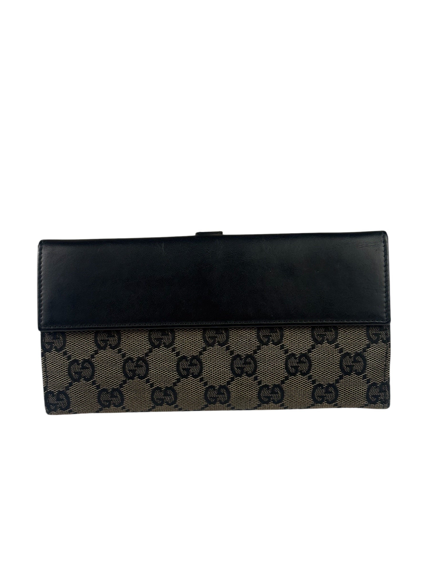 Gucci Black Leather Trim GG Flap Long Wallet