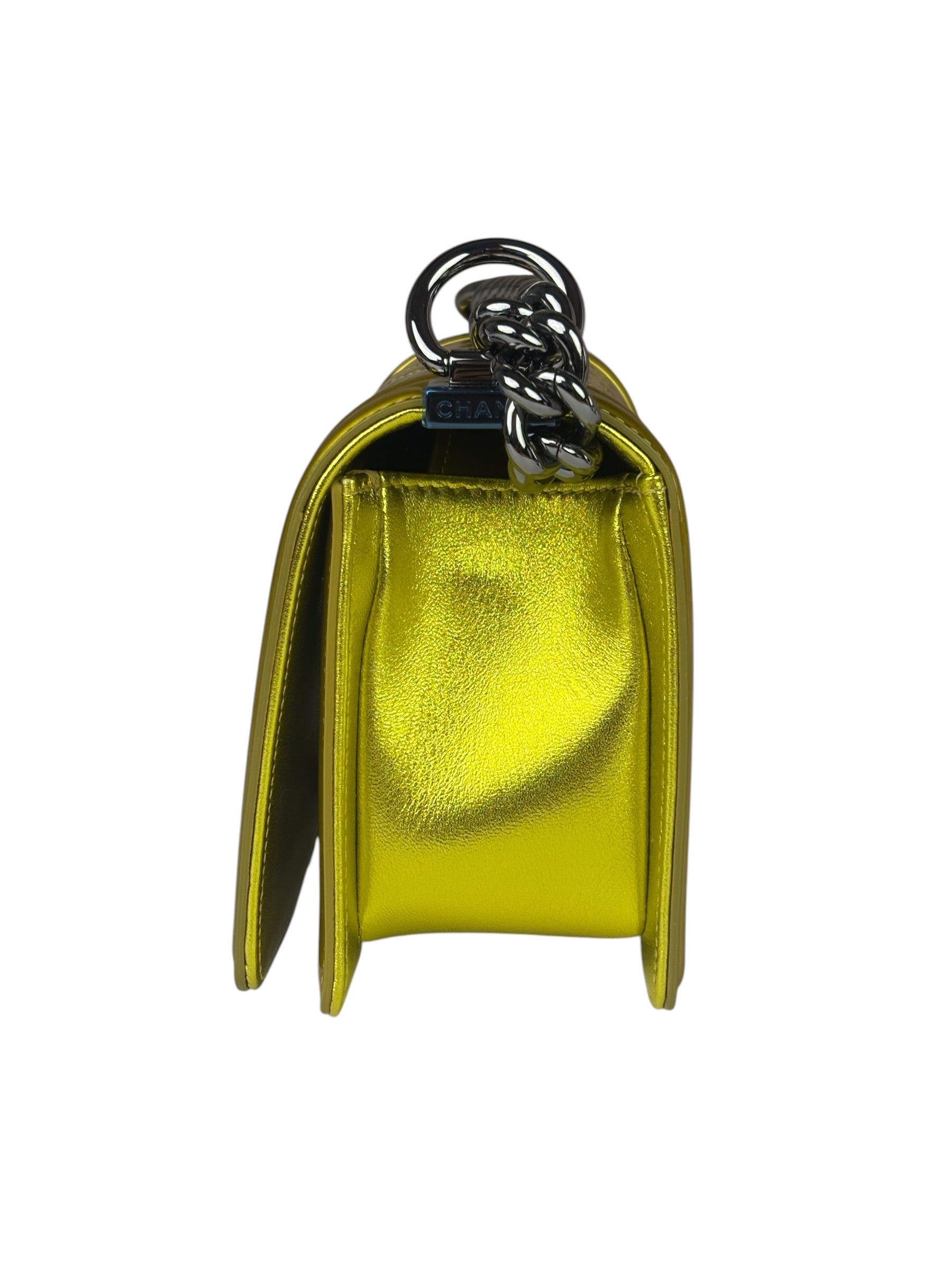 Chanel Metallic Yellow Quilted Patent Leather Mini Boy Flap Bag 2014
