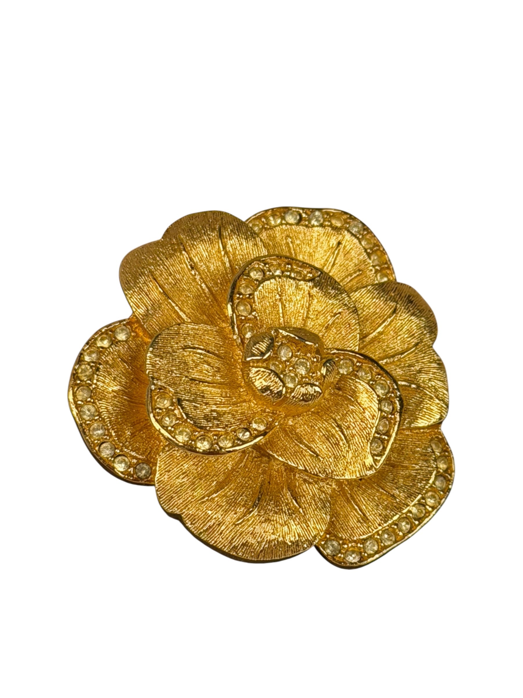 Christian Dior Signature Camellia Flower Gold Plated Crystal Pave Brooch