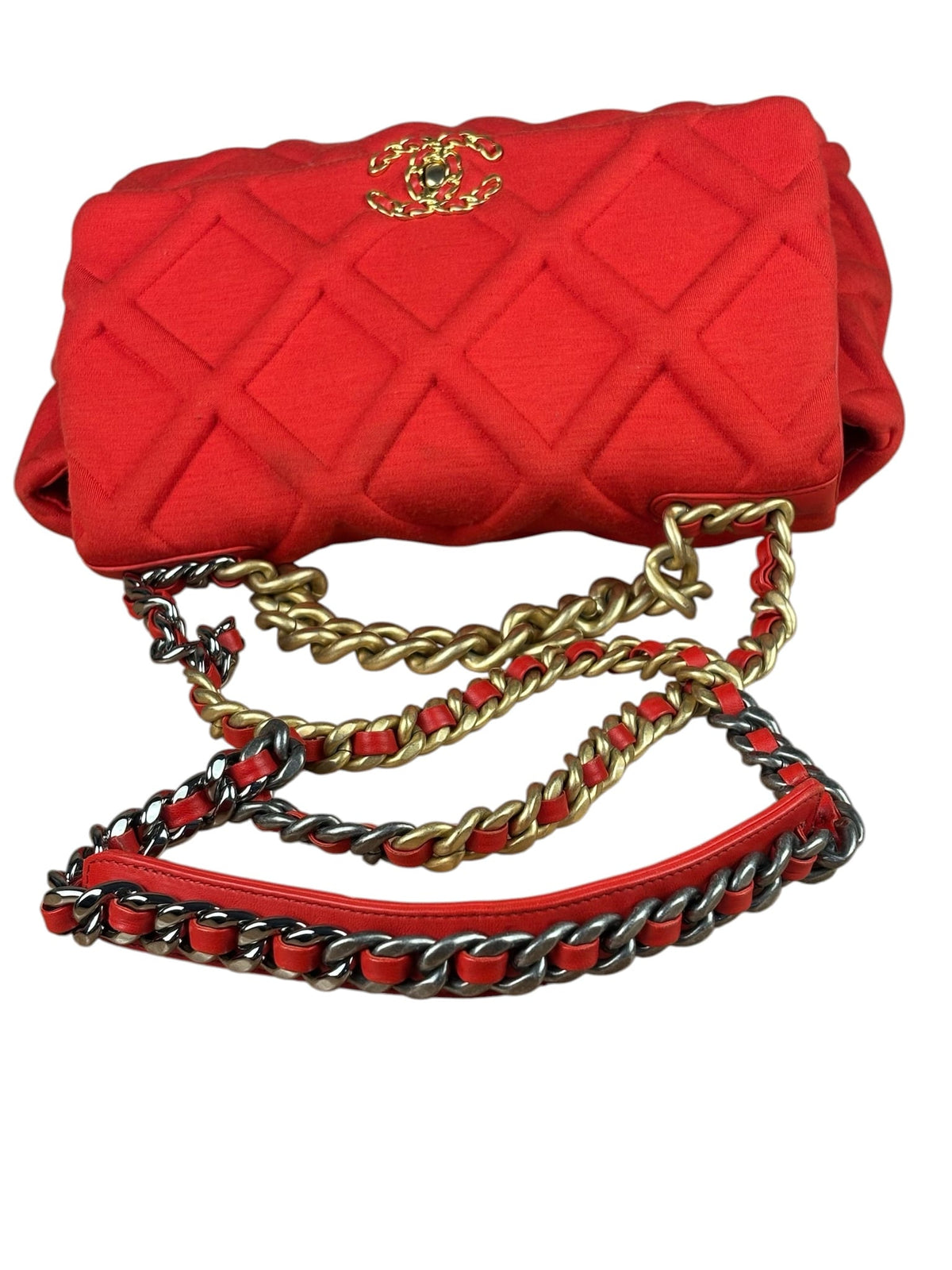 Chanel Red Quilted Leather Trim Jersey 19 Flap Bag 2019