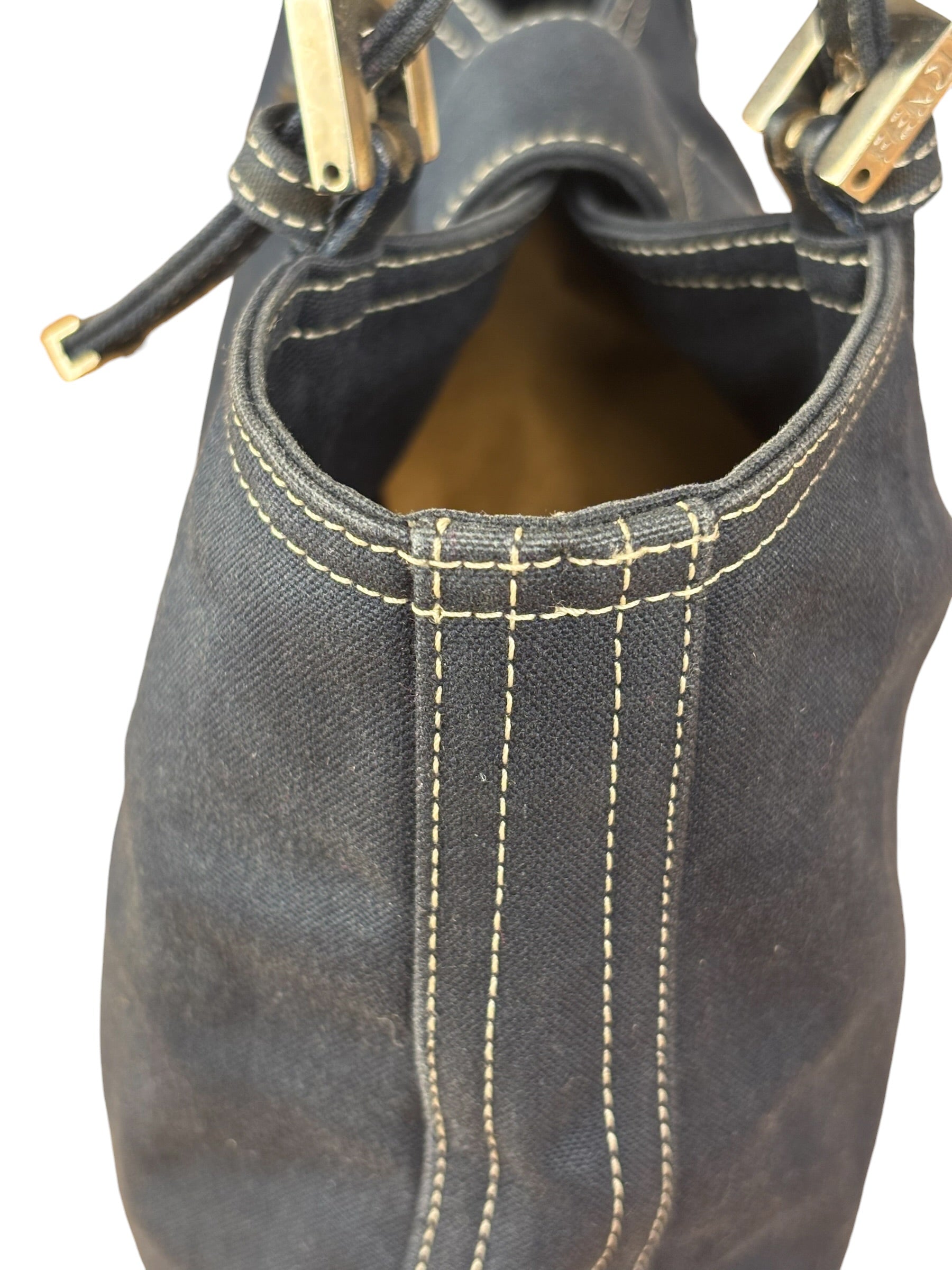 Fendi Vintage Navy Blue Leather Trim Mamma Baguette