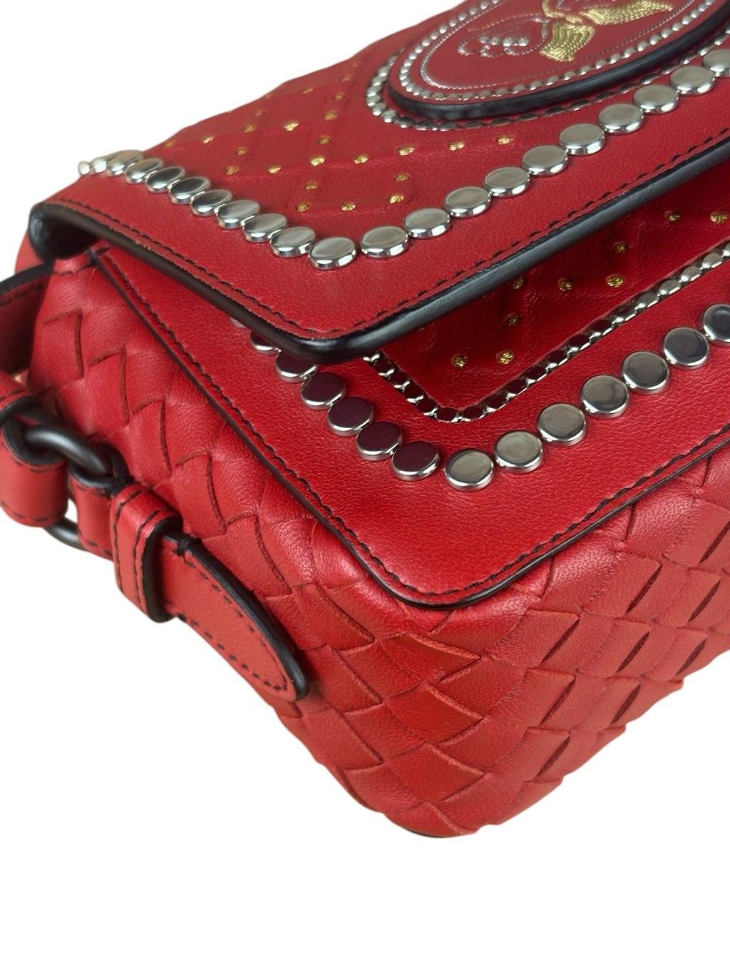 Bottega Veneta Red Leather Studded Intrecciato Flap Crossbody Bag