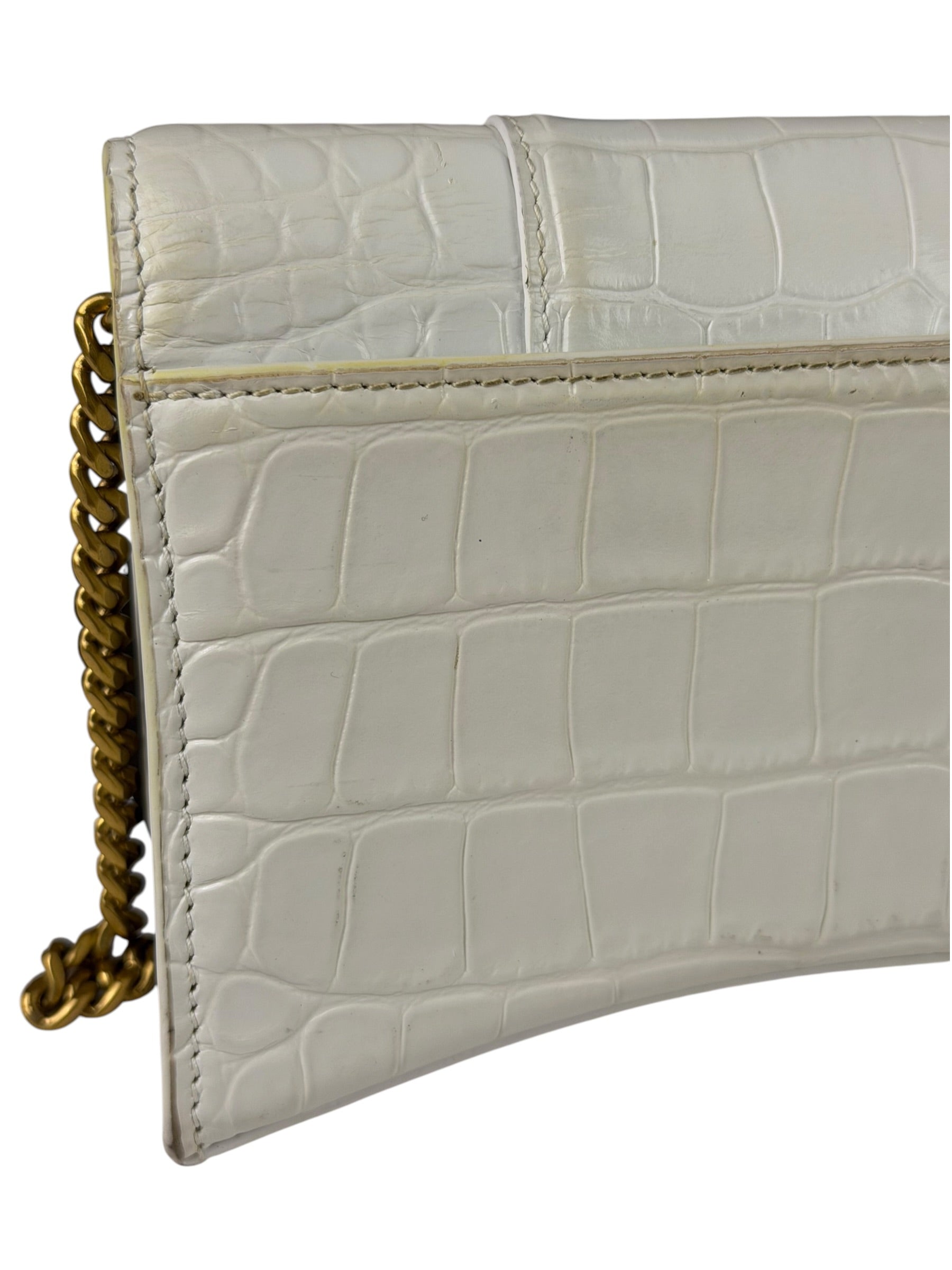 Balenciaga White Crocodile Embossed Hourglass Wallet On Chain