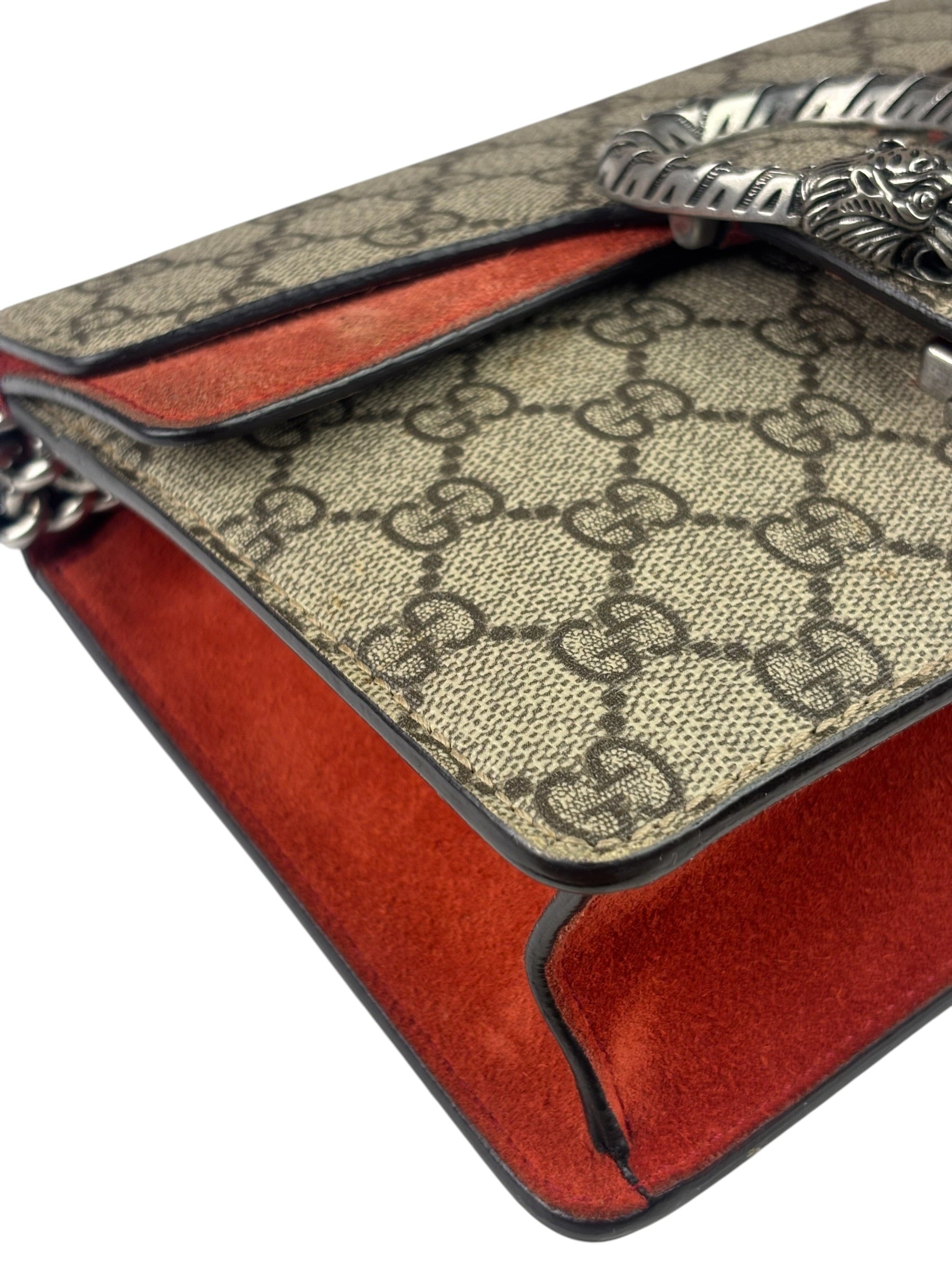 Gucci Beige/Red Leather/Suede Trim GG Supreme Dionysus Small Shoulder Bag