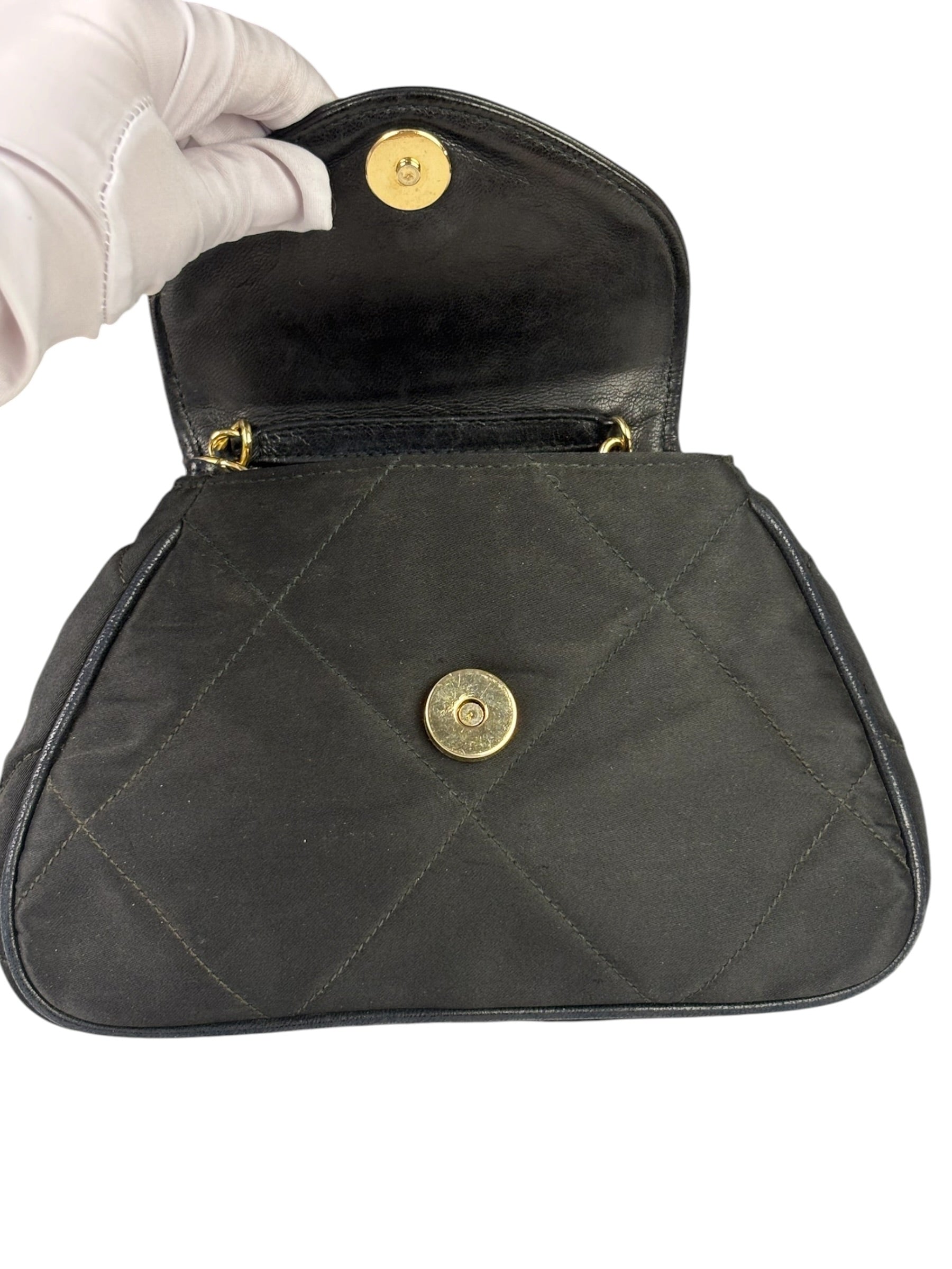 Chanel Black Quilted Satin/Leather Trim Chain Shoulder Bag 1989