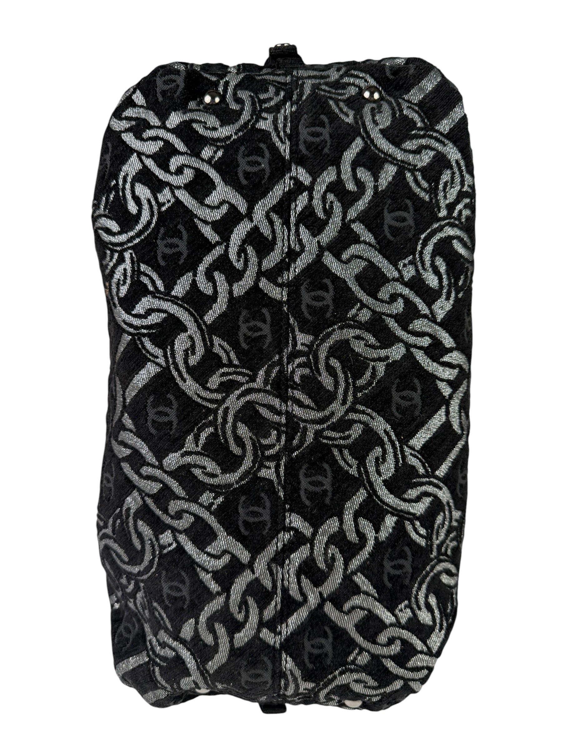 Chanel Black CC Jacquard Chain Silver Metallic Bowler Handbag 2005