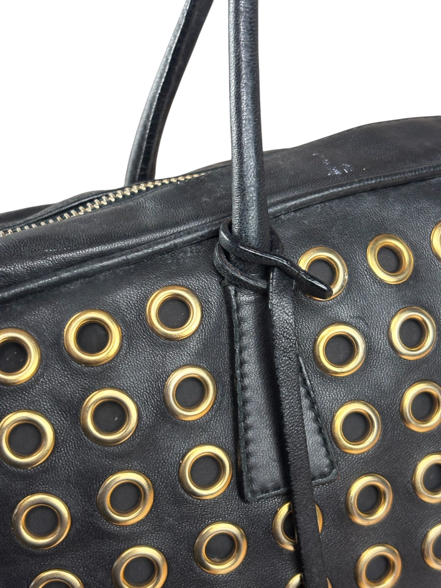Prada Vintage Black Leather Nappa Metal Grommet Bauletto Handbag