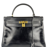 Hermes Black Box Leather Kelly 32 Handbag 1979