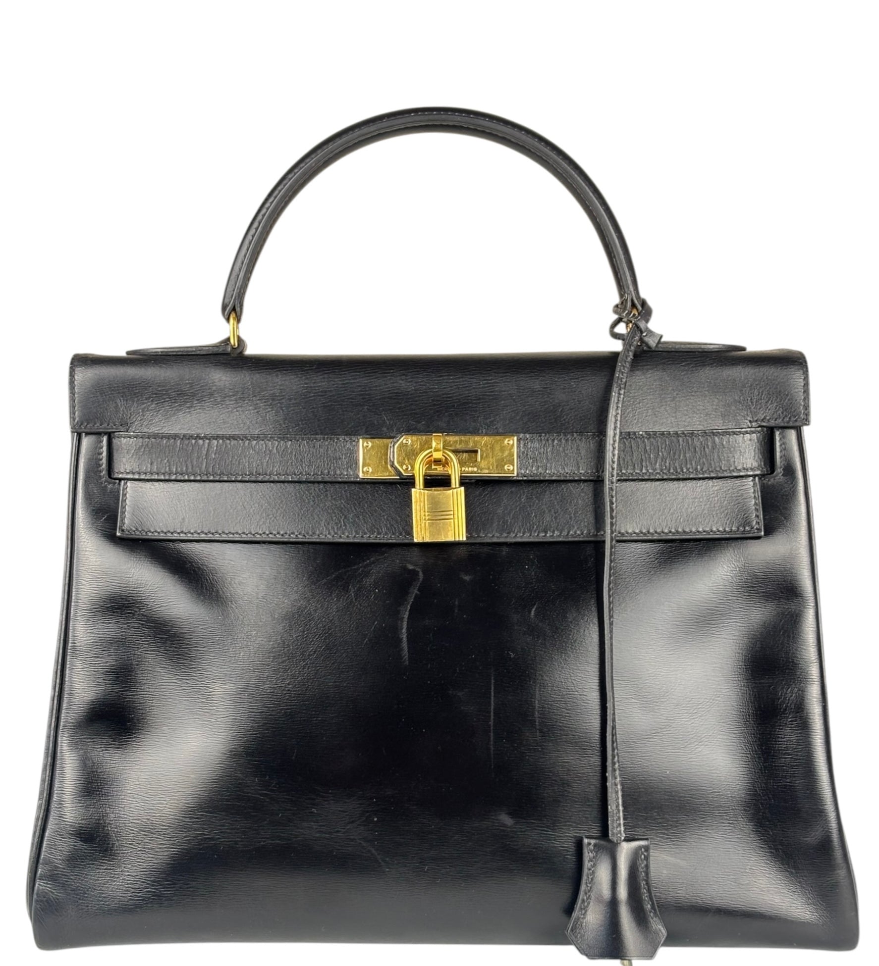 Hermes Black Box Leather Kelly 32 Handbag 1979
